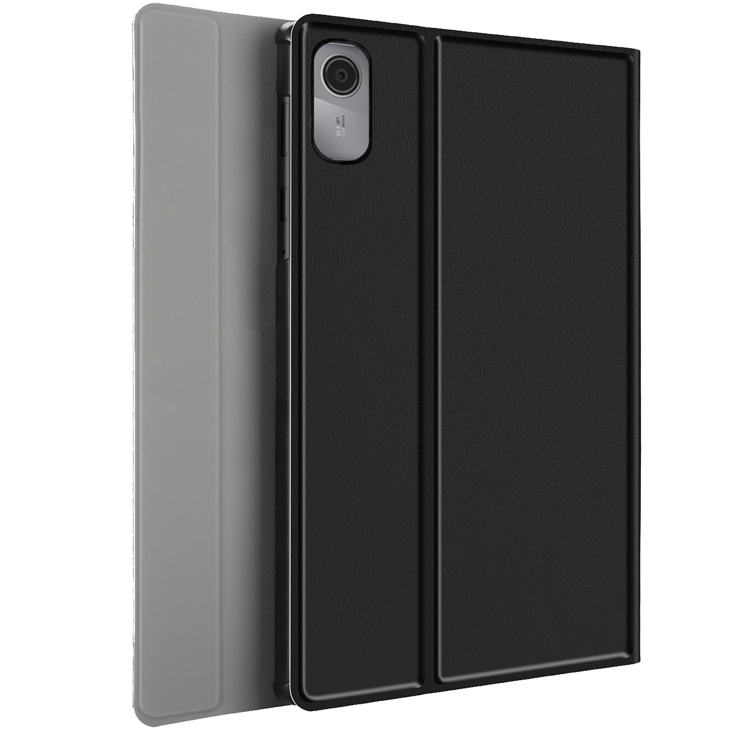 Eine schwarze Tablethülle ist geöffnet und zeigt eine graue Abdeckung. Die Hülle hat einen Kameraausschnitt und eine strukturierte Oberfläche.