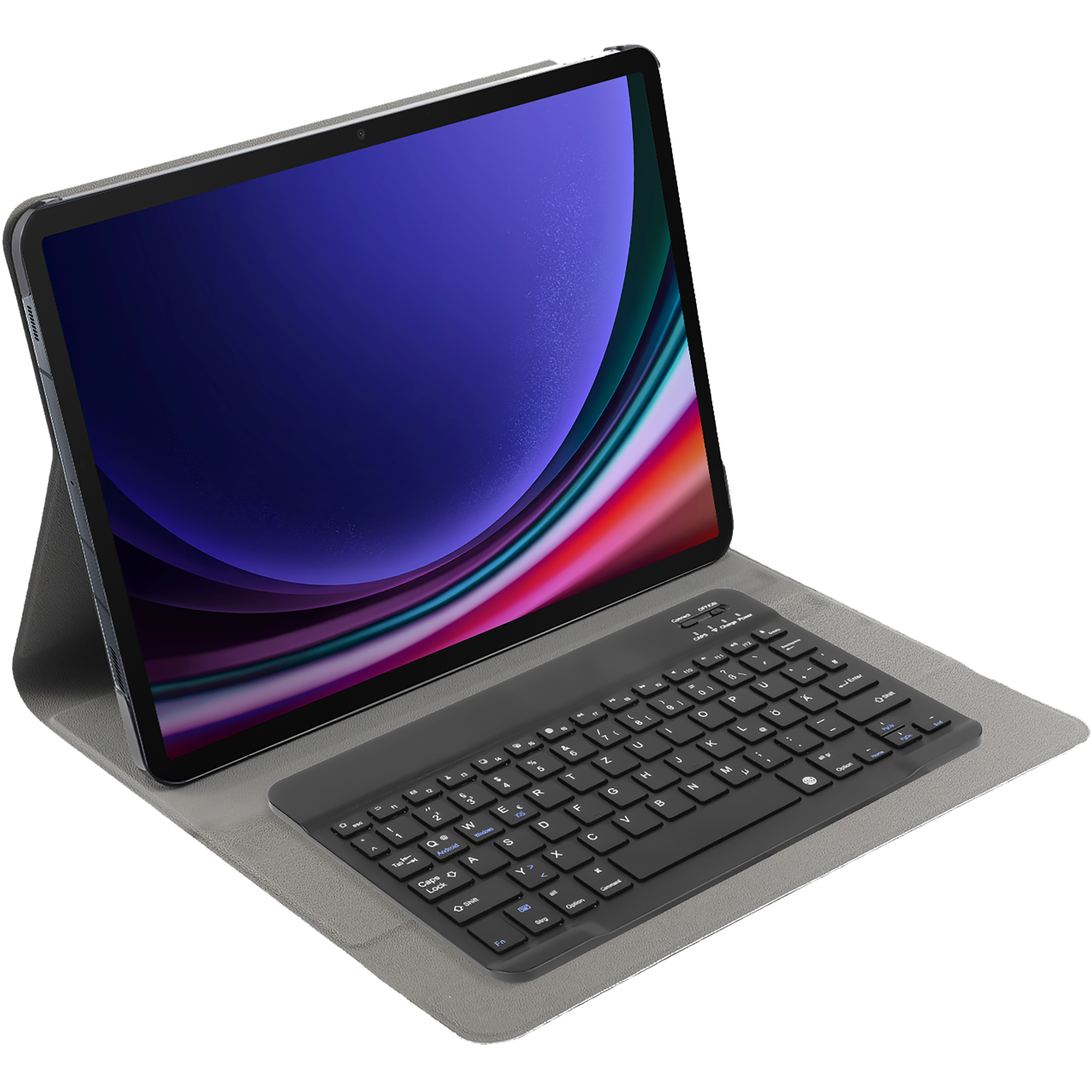 Ein Tablet mit Tastaturhülle, zeigt einen bunten Hintergrund und eine dunkle Tastatur.