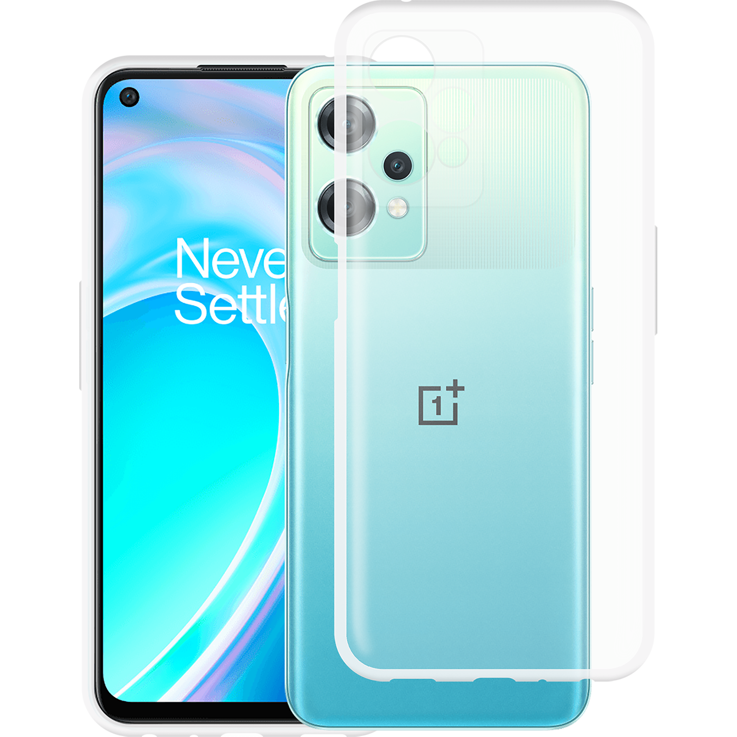 Weiße Handyhülle auf einem Telefon. Der Bildschirm zeigt einen blauen Farbverlauf. Schwarzer Hintergrund.