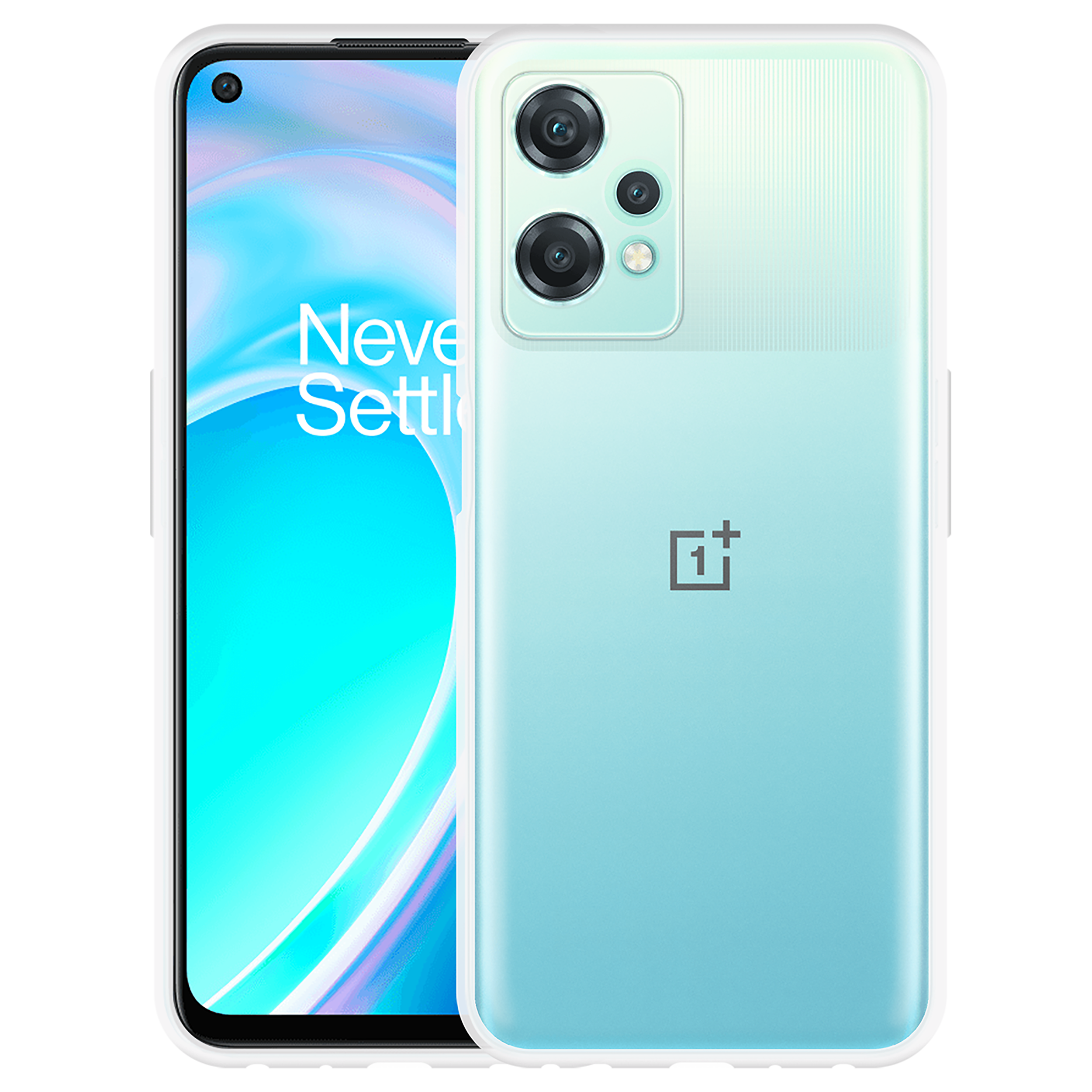 OnePlus-Telefon, Rück- und Vorderansicht, hellblaue Hülle. Schwarz.