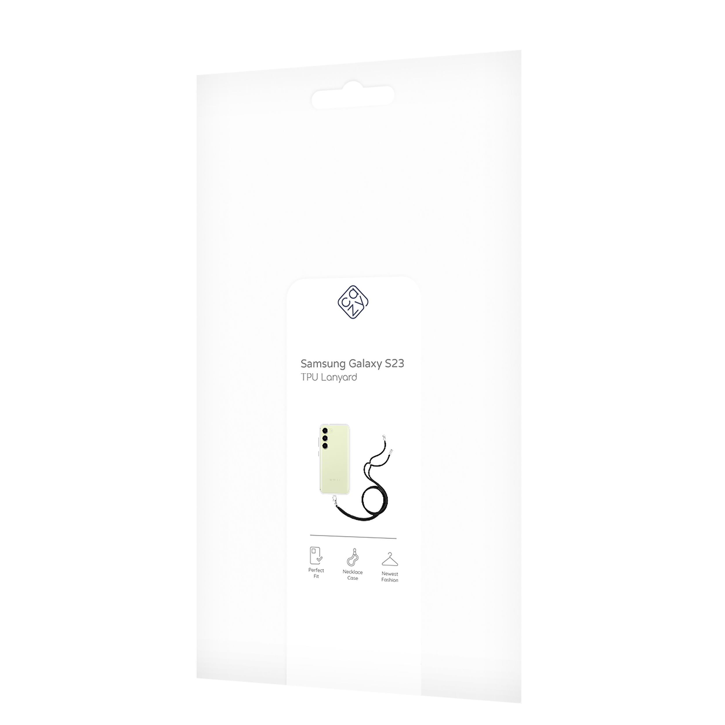 Verpackung für ein Telefon-Lanyard, weiß. Illustratives Bild des Telefons. Schwarzer Hintergrund.