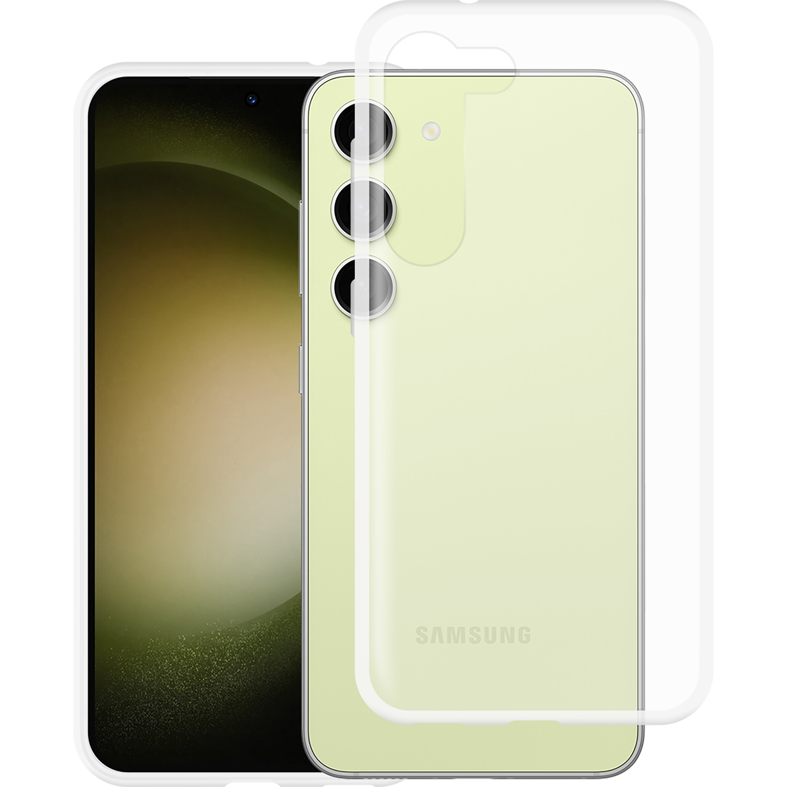 Samsung-Telefon mit Hülle. Rück- und Vorderansicht. Hellgrüne Hülle.
