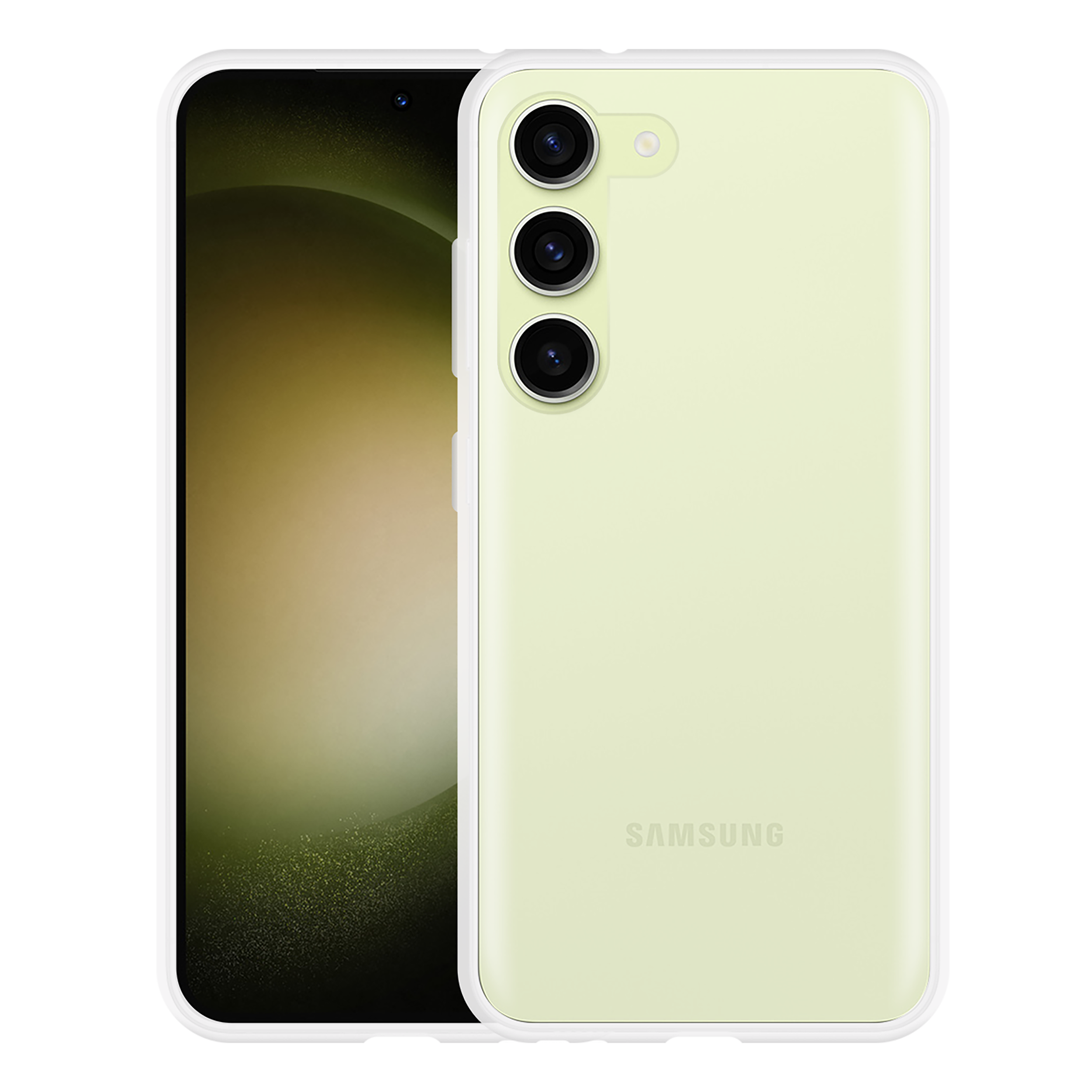 Ein Telefon mit gelbgrüner Rückseite und transparenter Hülle. Es hat drei vertikal angeordnete Kameralinsen.