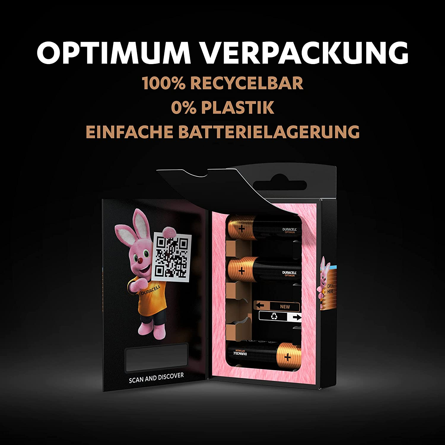 Pudełko na baterie z bateriami Duracell. Jest różowa grafika z królikiem i tekst promujący produkt.