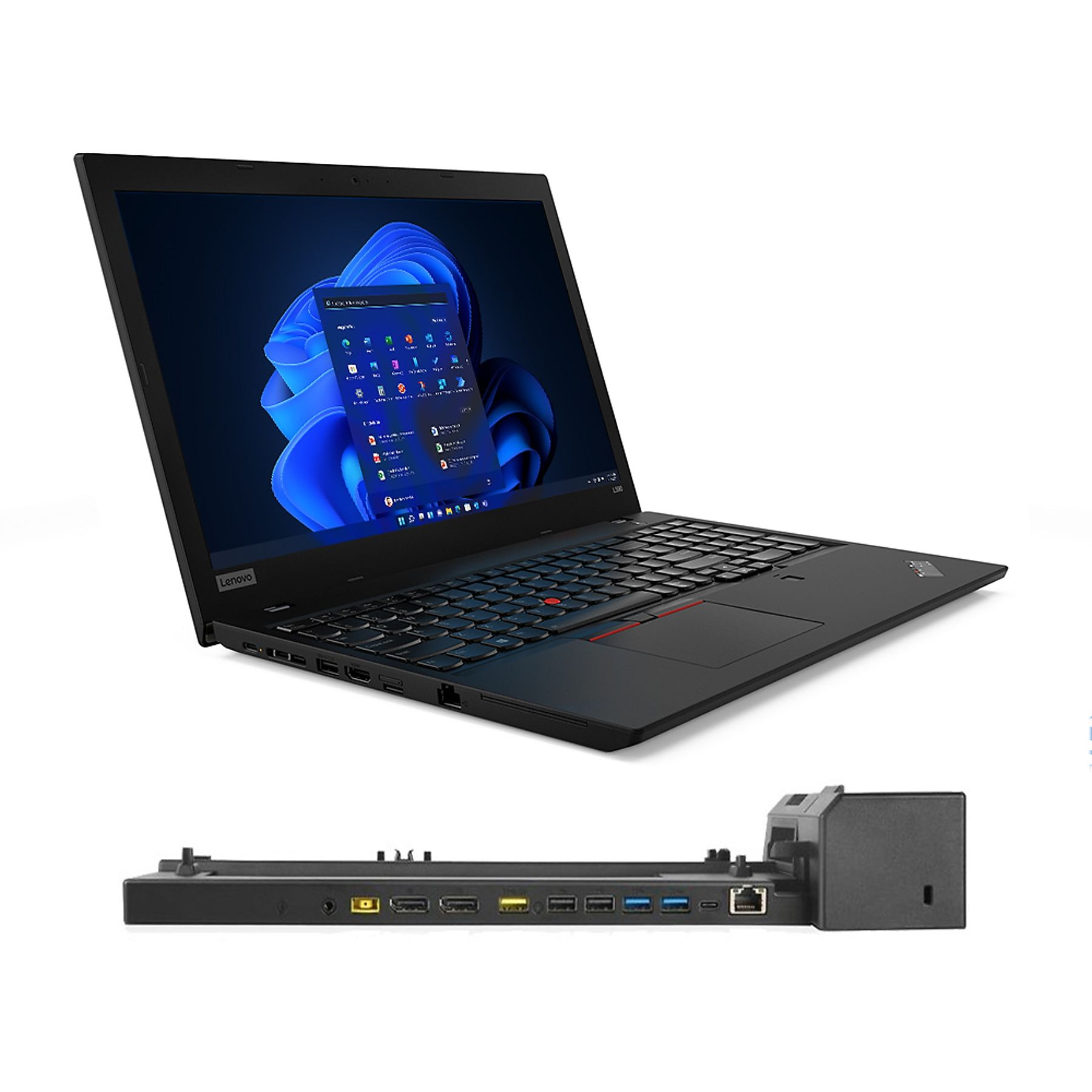 Ein schwarzer Laptop und eine Dockingstation werden gezeigt, das Laptop-Display zeigt eine Grafik, weißer Hintergrund.