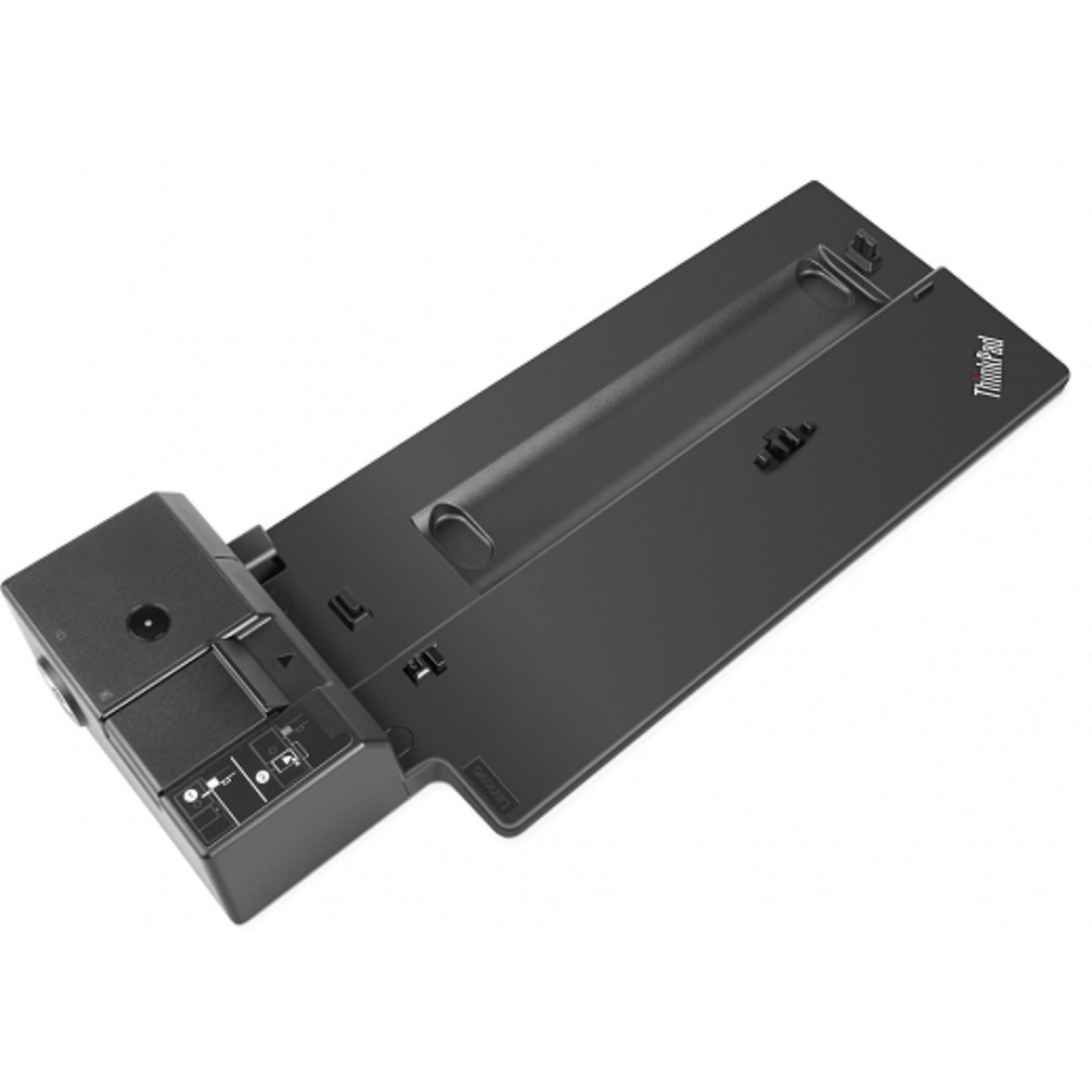 Schwarze ThinkPad-Dockingstation mit Stromanschluss und verschiedenen Anschlüssen, schräge Ansicht.