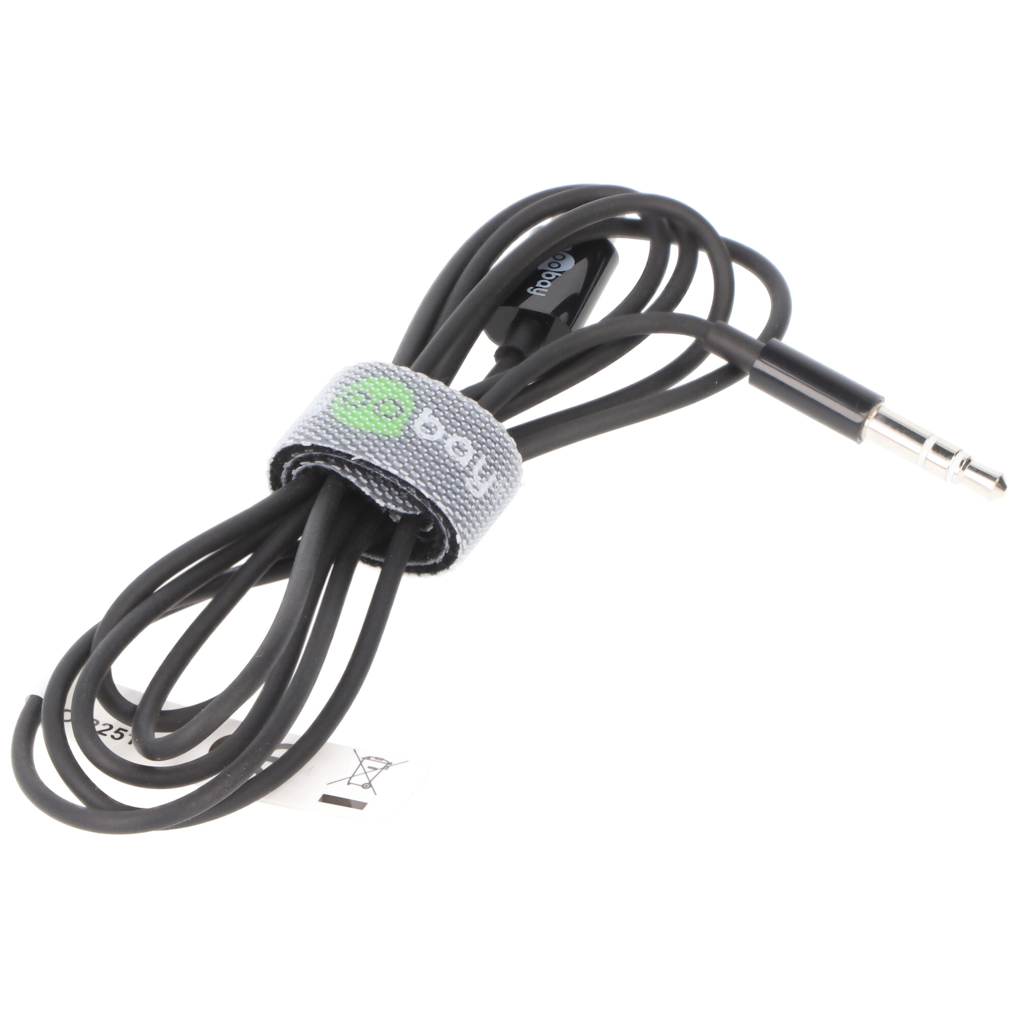 Czarny kabel audio z zielonym paskiem na rzep i srebrnym gniazdem audio.