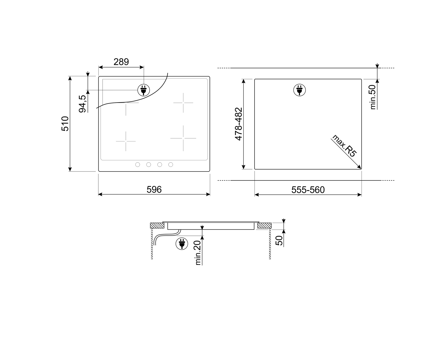 Dibujo técnico de una encimera empotrada con dimensiones en milímetros.