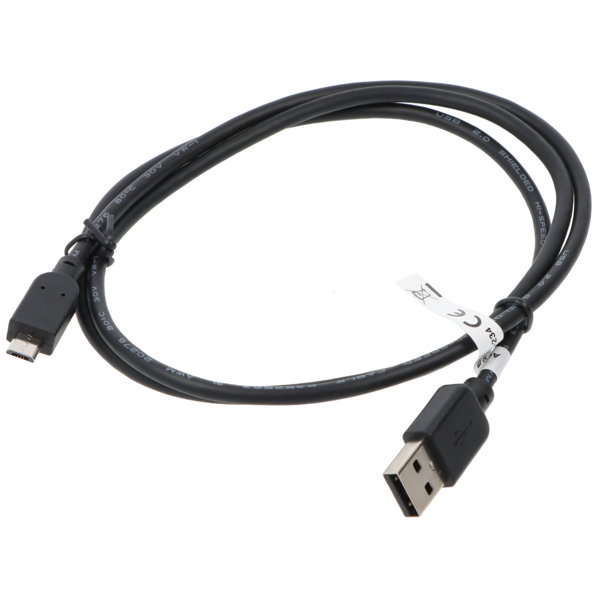 Cavo da USB a micro USB nero su sfondo bianco.