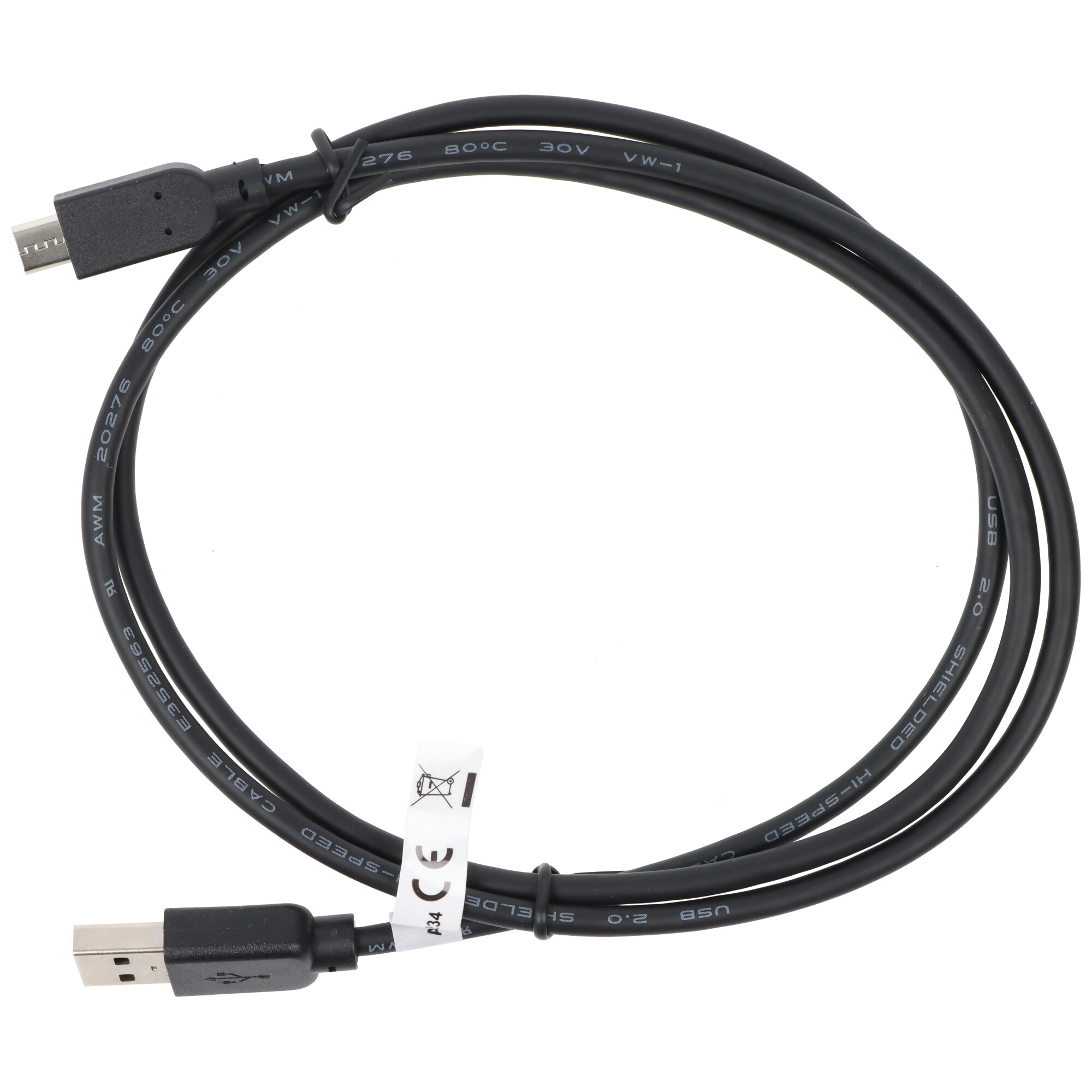 Un cavo da USB a micro-USB nero. I connettori sono neri e il cavo è nero.