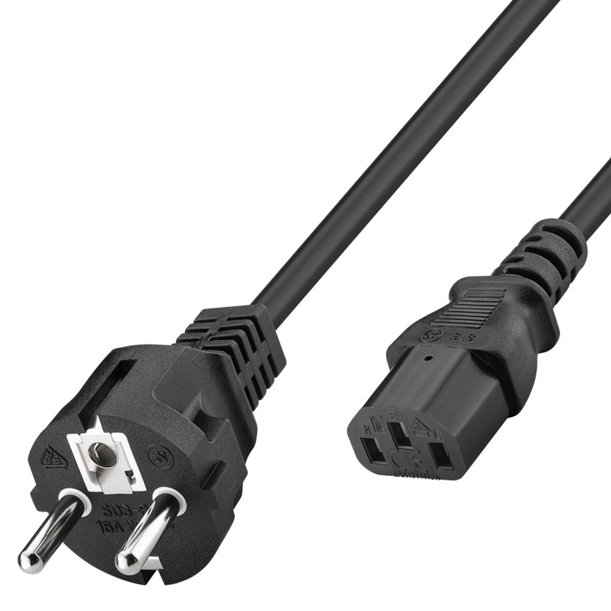 Zwarte voedingskabel met een Europese stekker en een C13-connector. De achtergrond is wit.