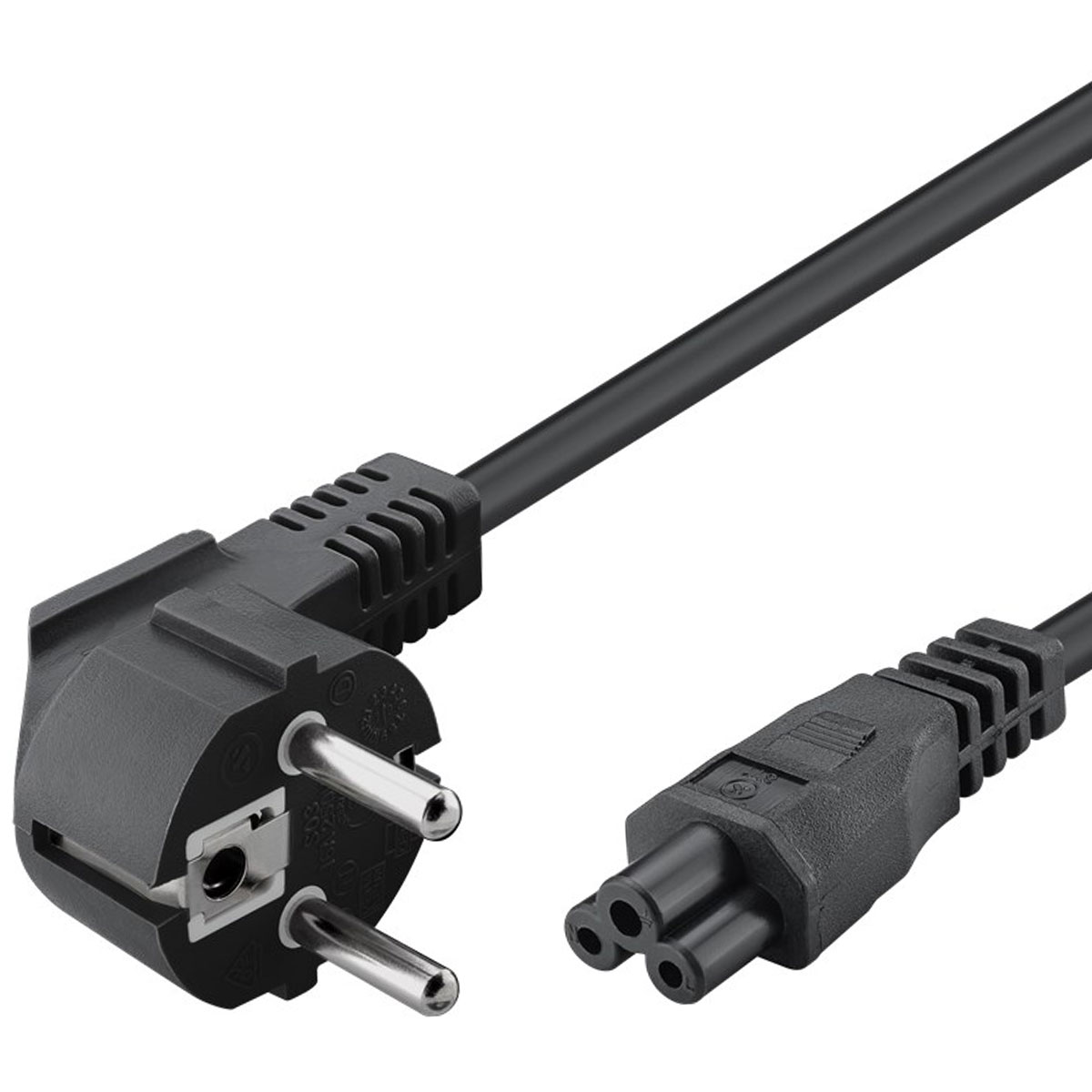 Een zwarte stroomkabel met een Europese stekker aan het ene uiteinde en een C13-connector aan het andere.