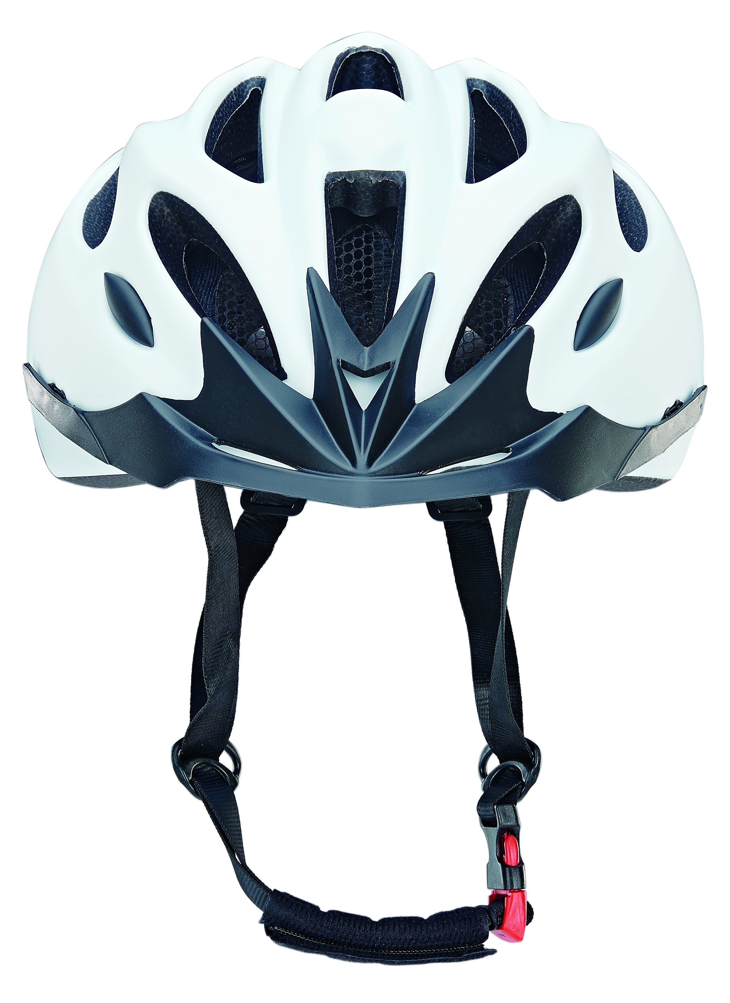 Weißer Fahrradhelm mit schwarzen Riemen und Belüftungsöffnungen.