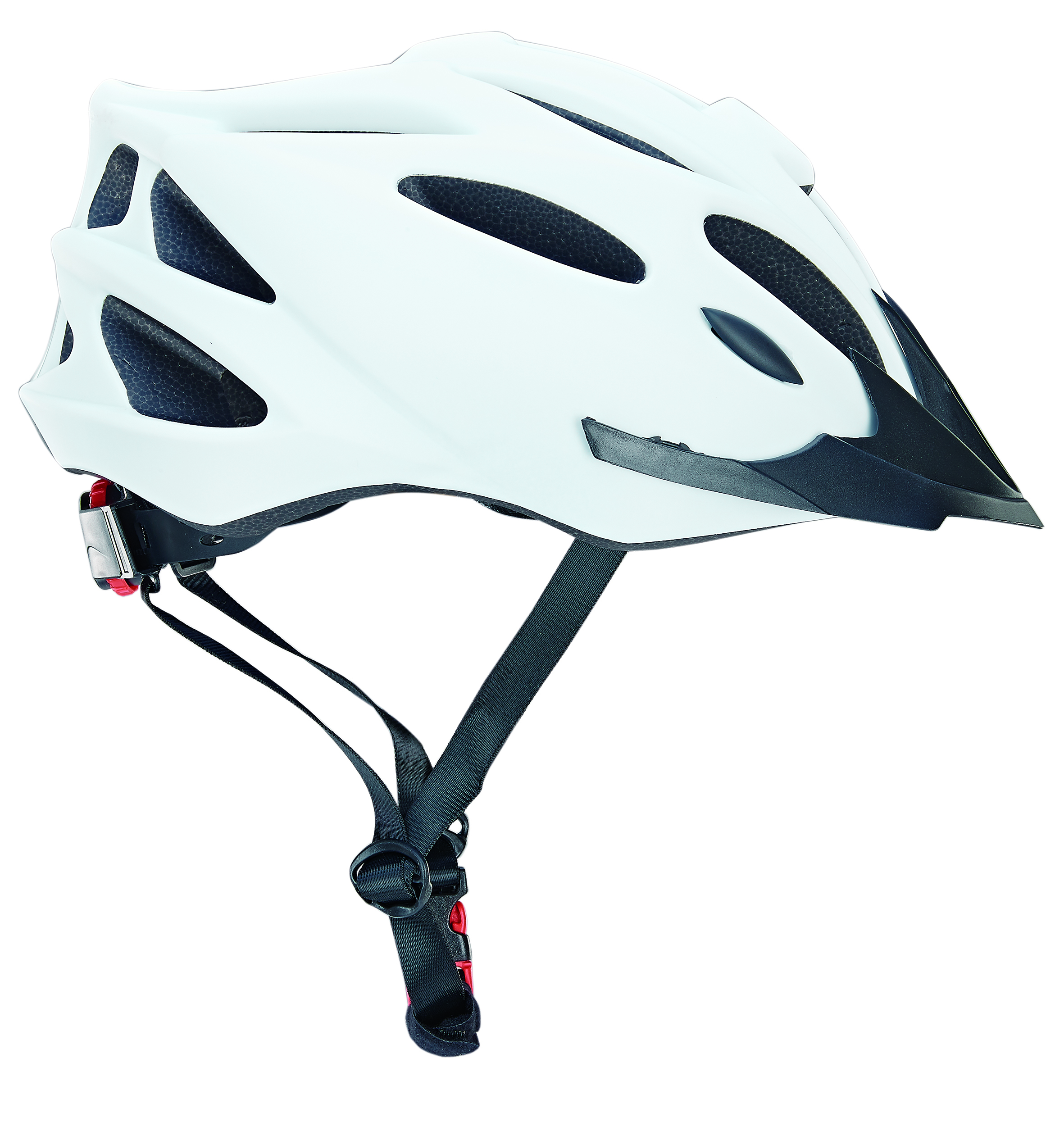 Ein weißer Fahrradhelm mit schwarzen Akzenten. Er hat ein Visier und einen Riemen mit roter Einstellung.