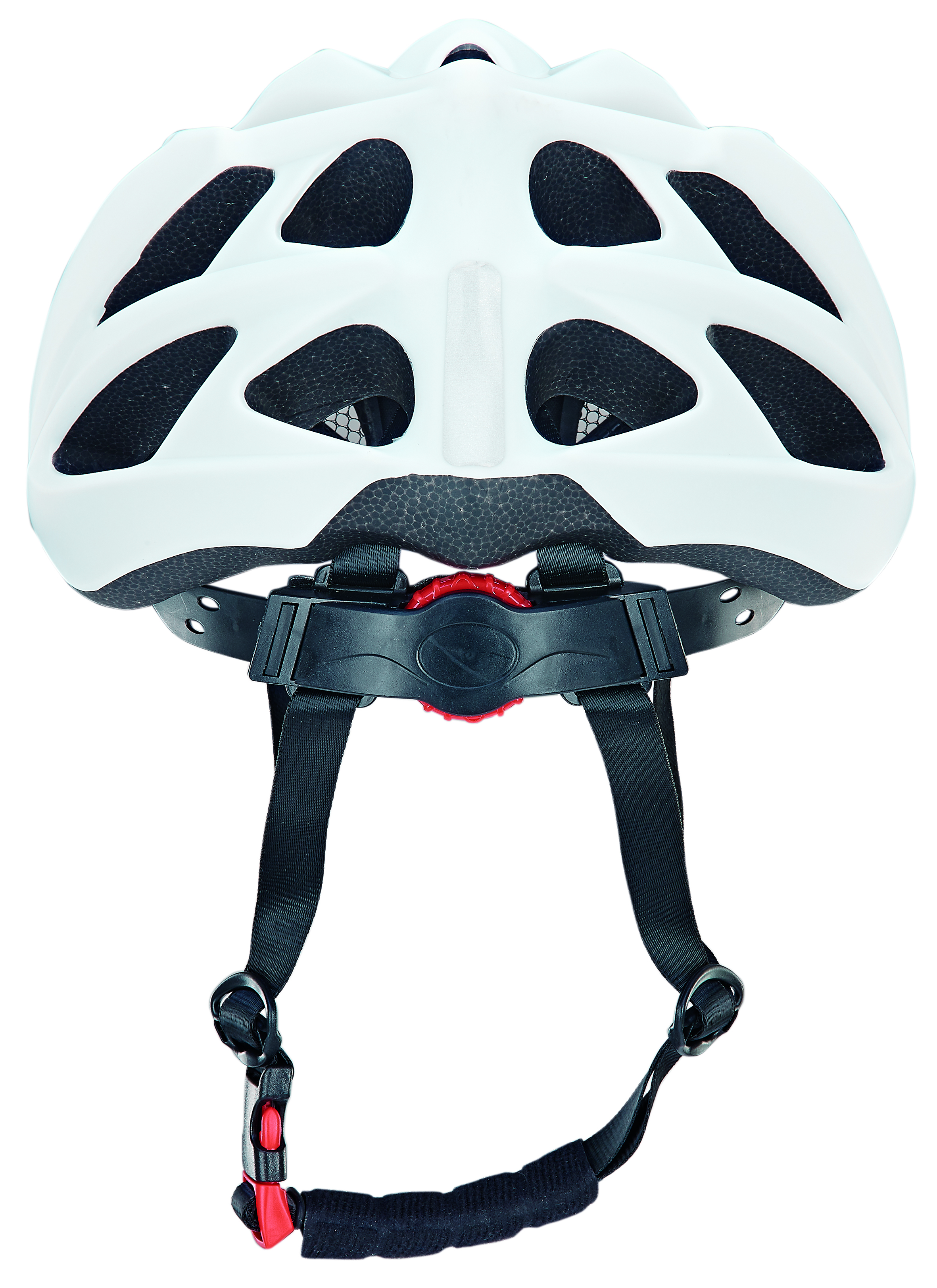 Weißer Fahrradhelm mit schwarzen Riemen und roter Schnalle. Die Oberseite hat Lüftungsschlitze. Rückansicht, isoliert.