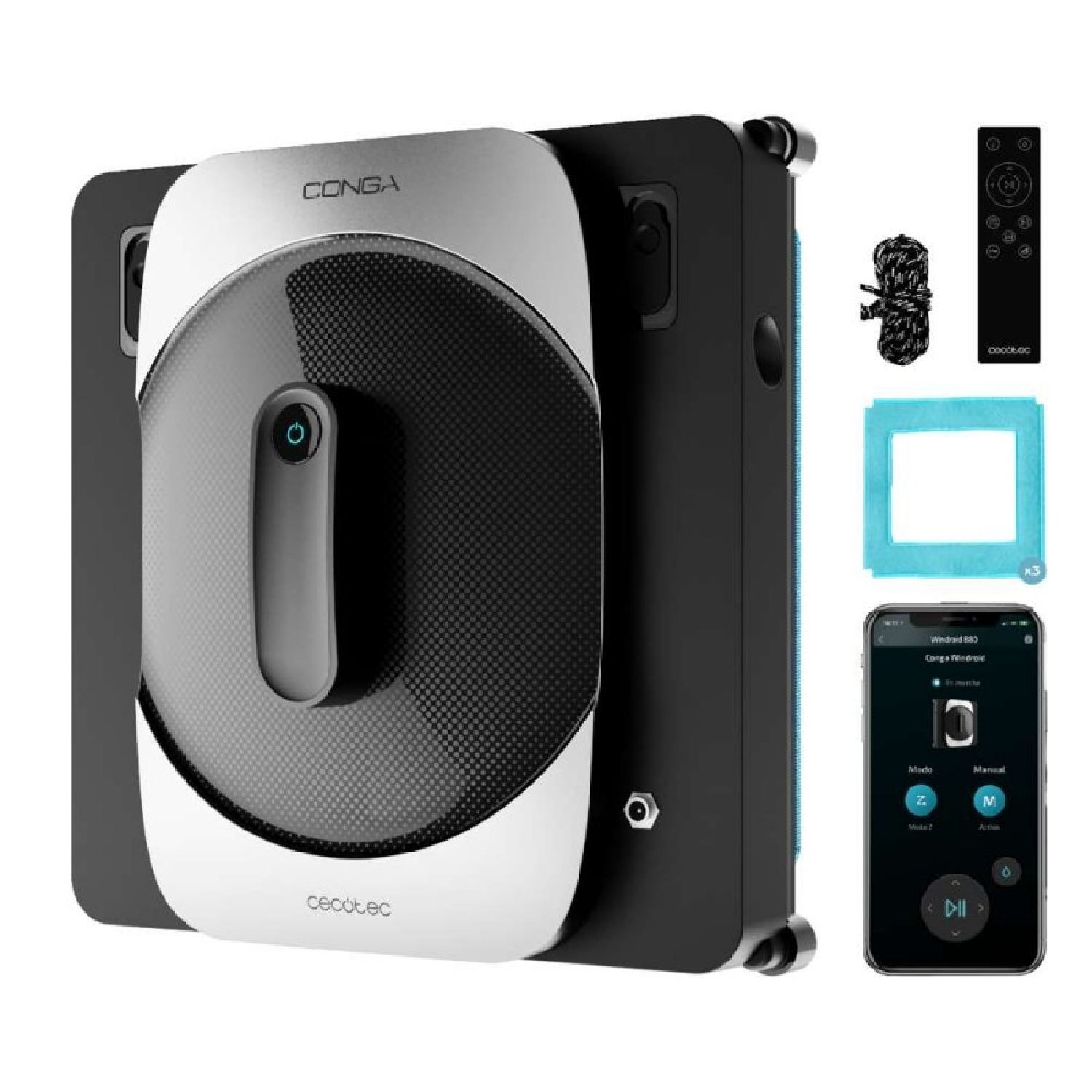 Limpiador de ventanas robótico con accesorios y un smartphone mostrando una app.