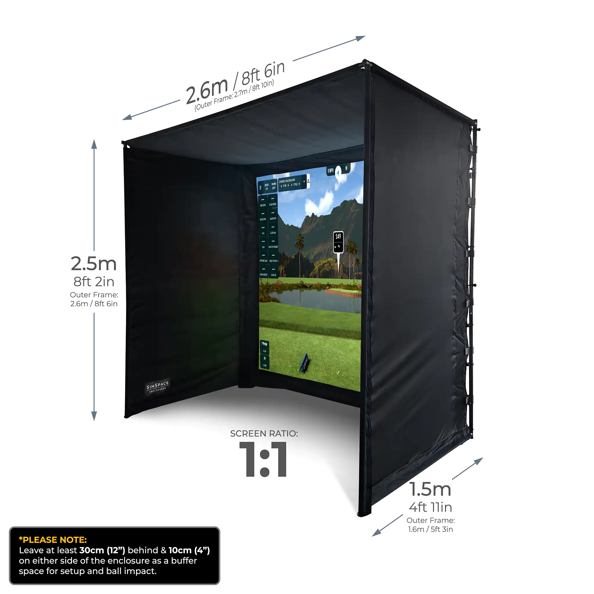Schwarzes Golfsimulator-Gehäuse mit Bildschirm, Abmessungen und Textanmerkungen.