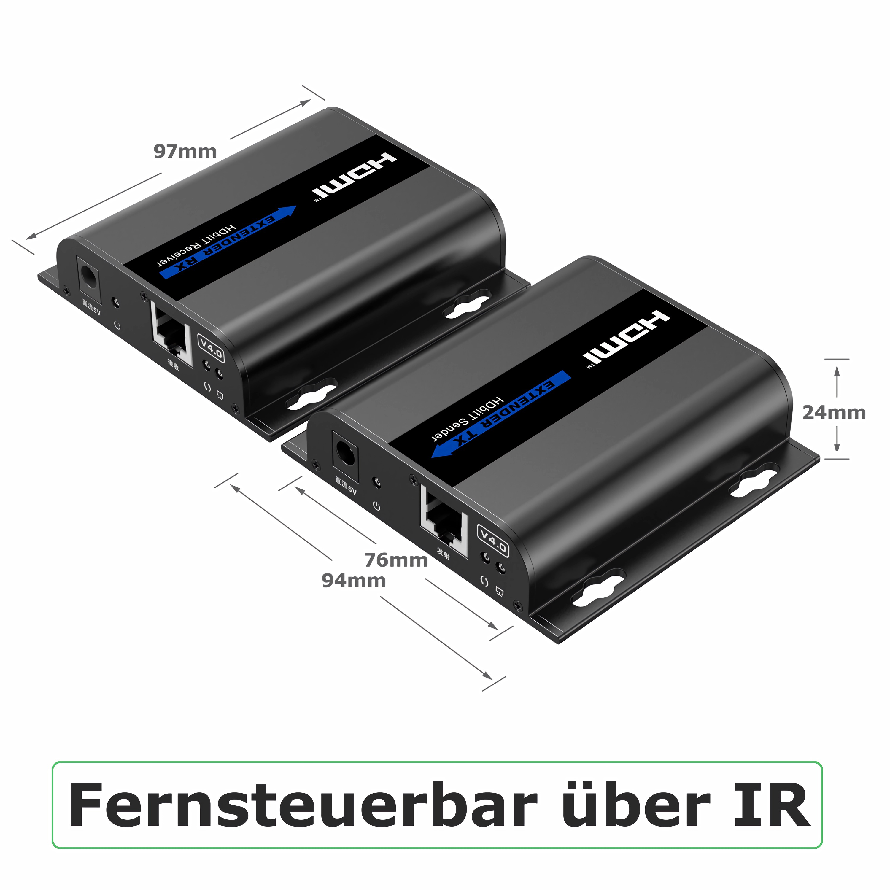 Zwei schwarze HDMI-Extender mit Abmessungen. Text: Fernsteuerbar über IR.