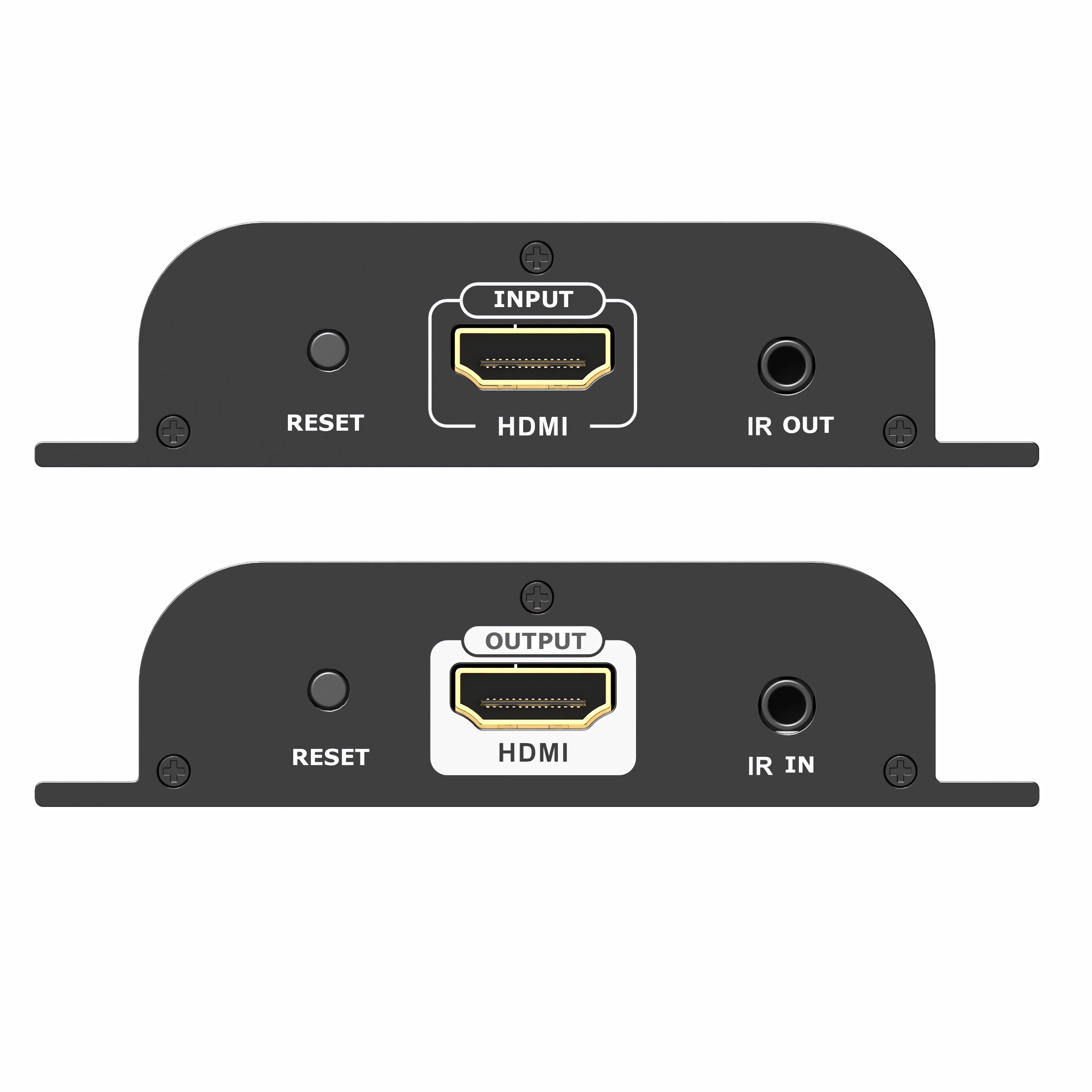Zwei schwarze HDMI-Geräte mit Eingangs- und Ausgangsanschlüssen.