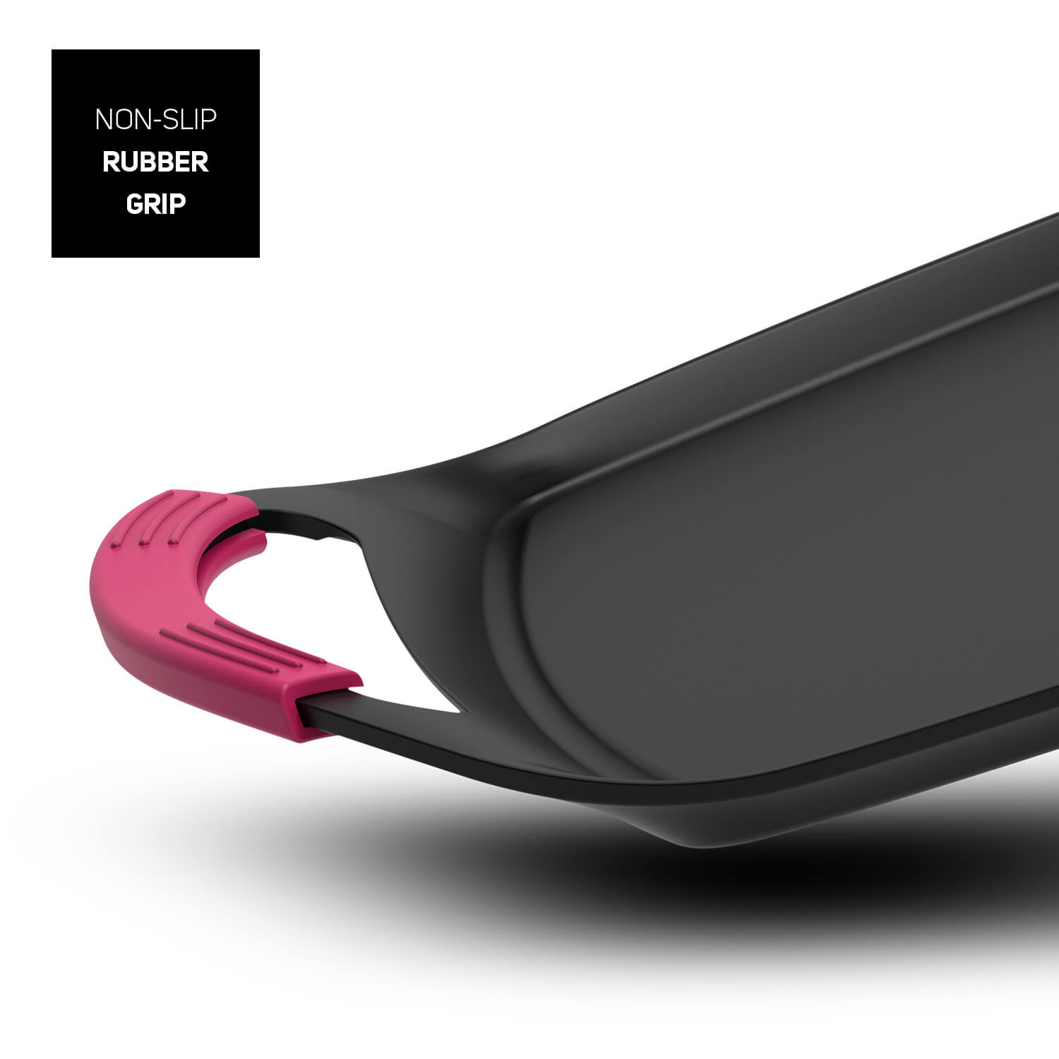 Una plancha negra con un asa rosa. Se ve el texto 'NON-SLIP RUBBER GRIP'.