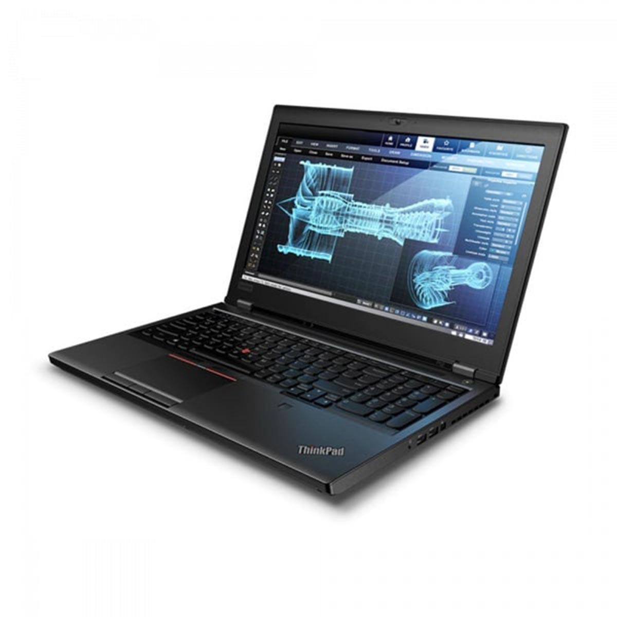 Schwarzer ThinkPad Laptop mit geöffnetem Bildschirm, der eine technische Zeichnung anzeigt. Weißer Hintergrund.