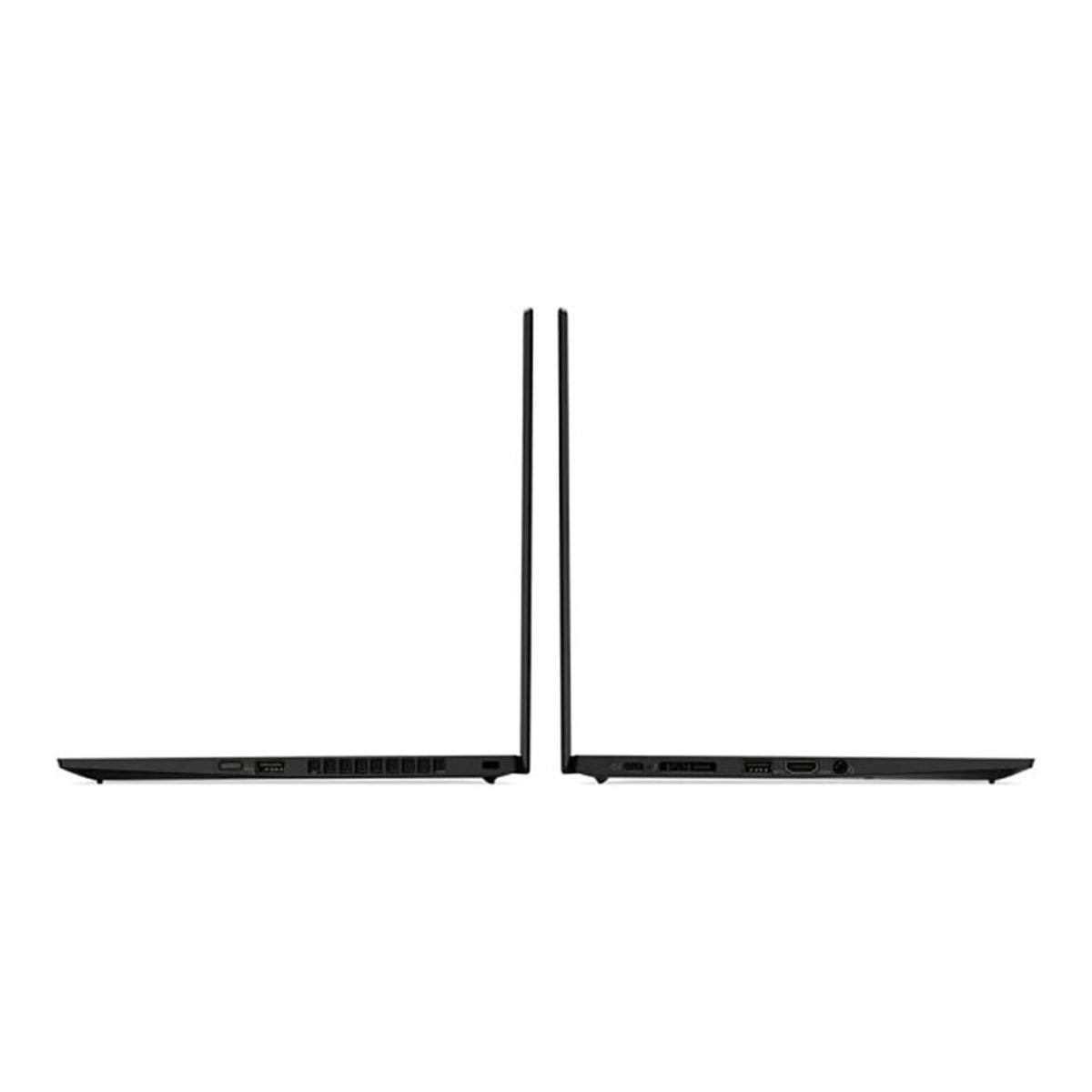 Zwei schwarze Laptops nebeneinander, Seitenansicht.