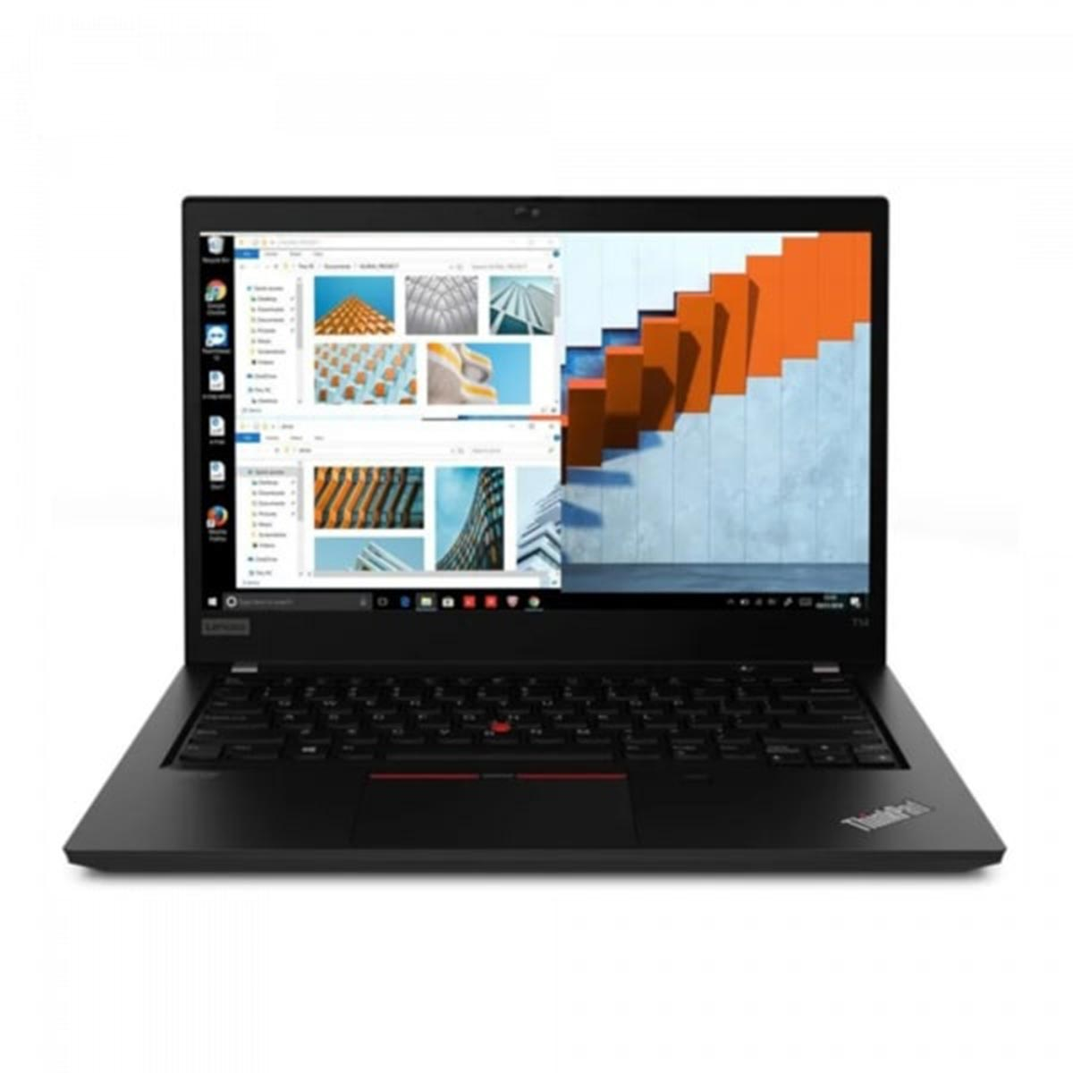 Ein schwarzer Laptop-Computer, der einen geteilten Bildschirm mit Dokumenten zeigt, ein Lenovo-Logo ist sichtbar.
