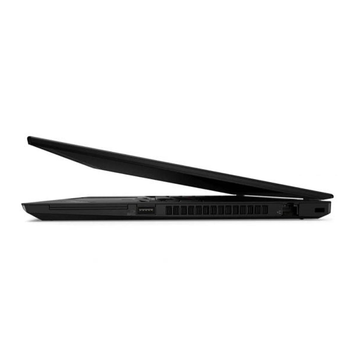 Ein schwarzer Laptop, teilweise geöffnet, zeigt das Seitenprofil.