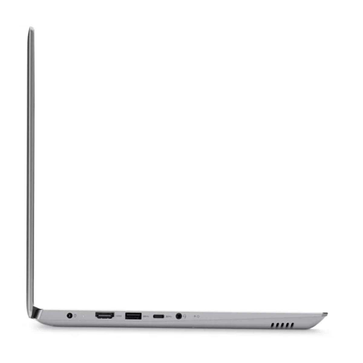 Widok z boku srebrnego laptopa o eleganckim designie, pokazujący porty i otwory wentylacyjne, na białym tle.