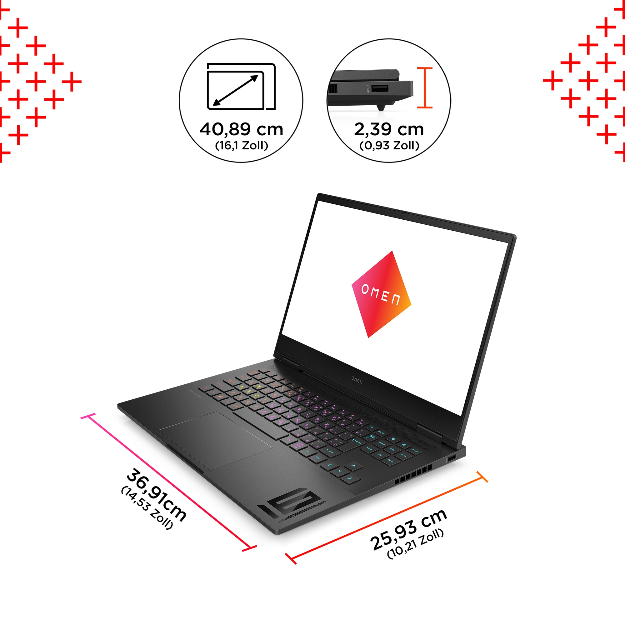 Ein schwarzer Laptop mit Abmessungen und Details. Ein Logo mit dem Text Omen befindet sich oben.