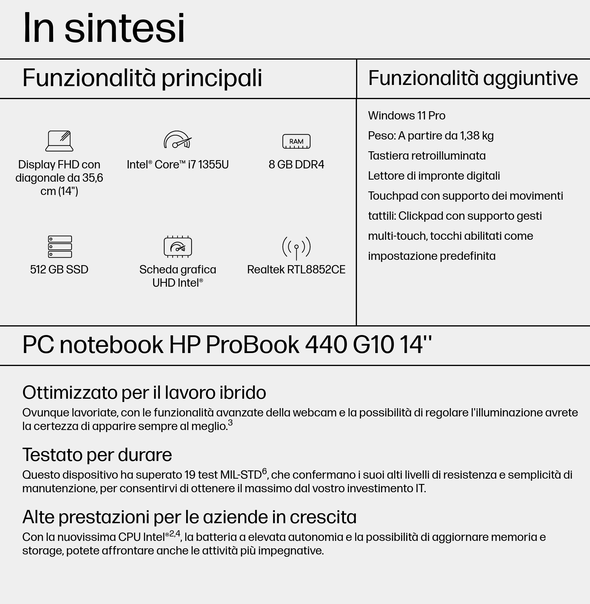 Specifiche del notebook: 14" FHD, Intel Core i7, 8GB DDR4, 512GB SSD. Caratteristiche: Windows 11 Pro, lettore di impronte digitali.