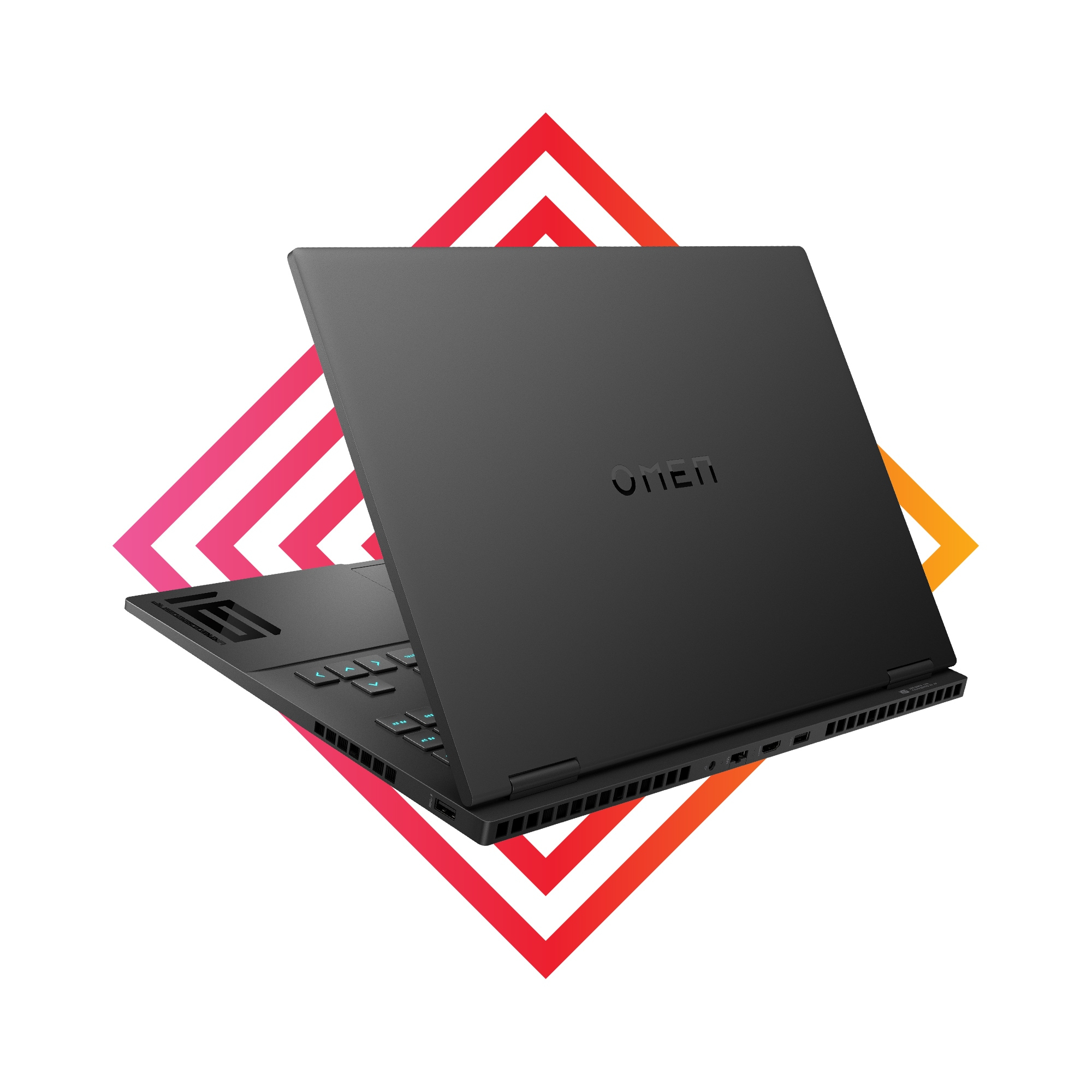 Schwarzer Laptop mit OMEN-Logo, auf weißem Hintergrund angewinkelt.