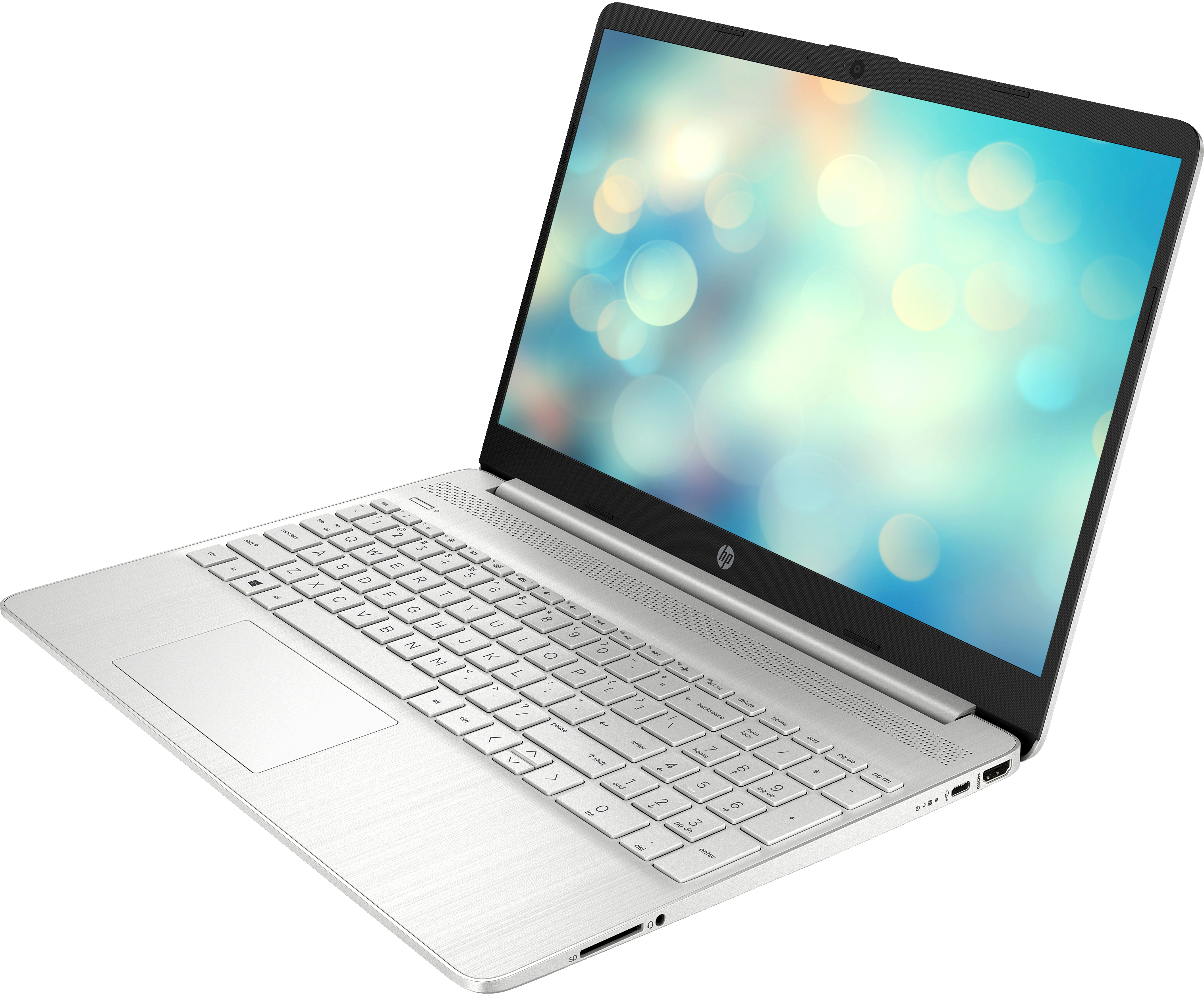 Ein silberner Laptop mit weißer Tastatur, geöffnet, um einen farbenfrohen Bildschirm mit Bokeh-Hintergrund zu zeigen.