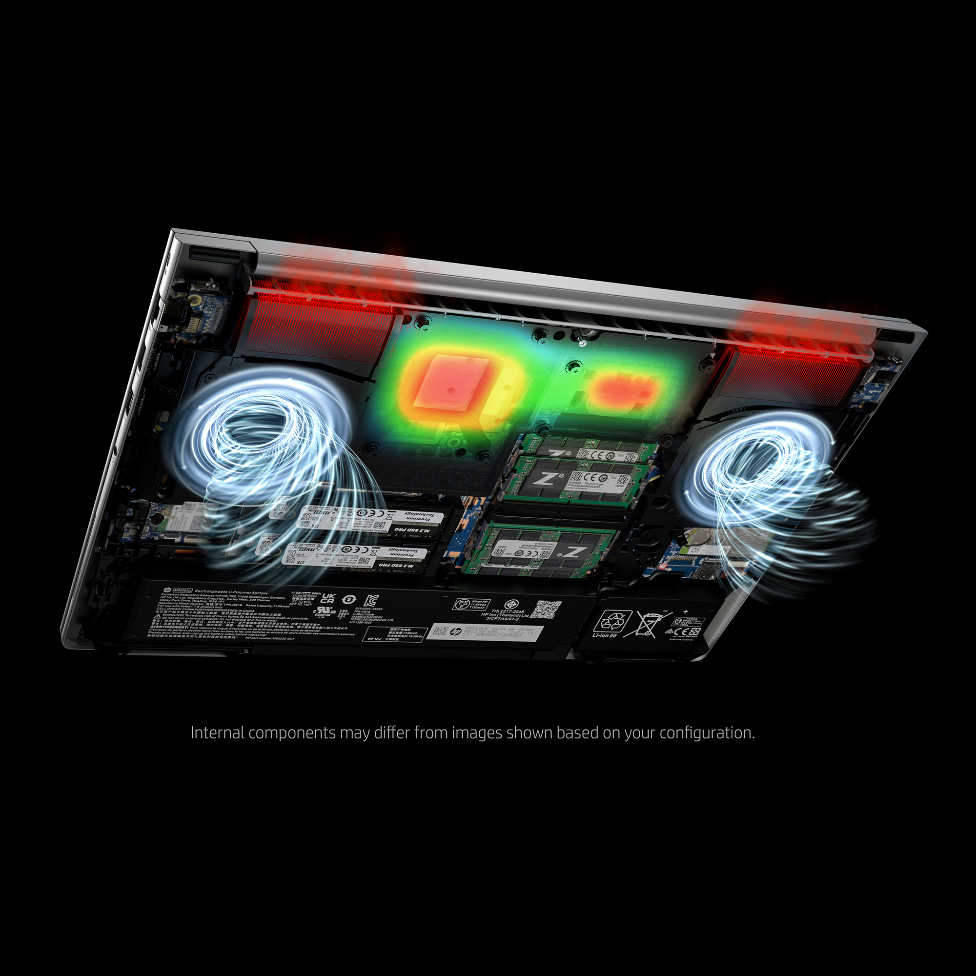 Componenti del laptop visibili: heat pipe, ventole e parti interne, con gradienti di colore.