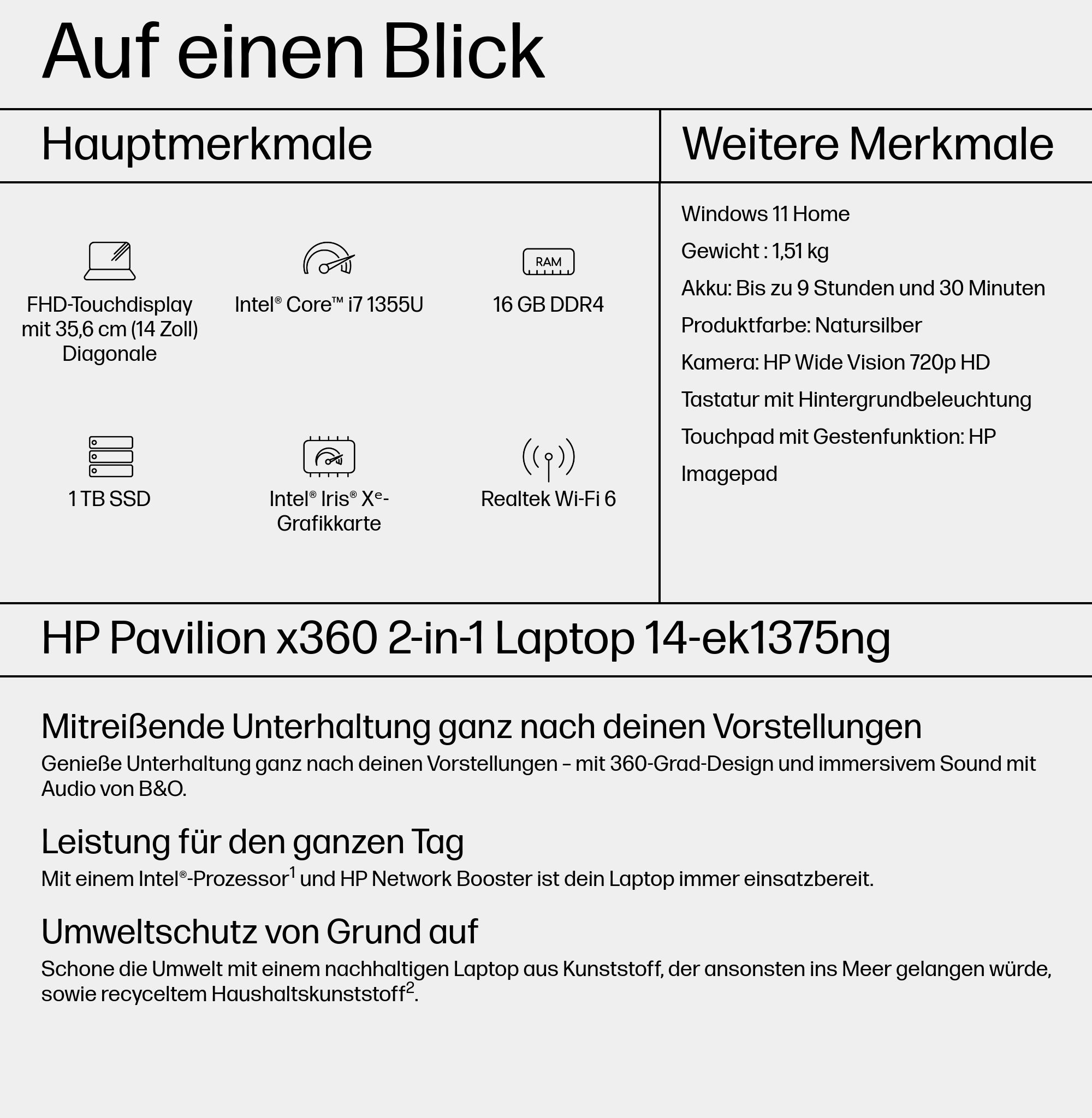 Eine detaillierte Übersicht über einen Laptop, einschließlich seiner Haupt- und Zusatzfunktionen, wie Bildschirm, Prozessor und Akkulaufzeit.
