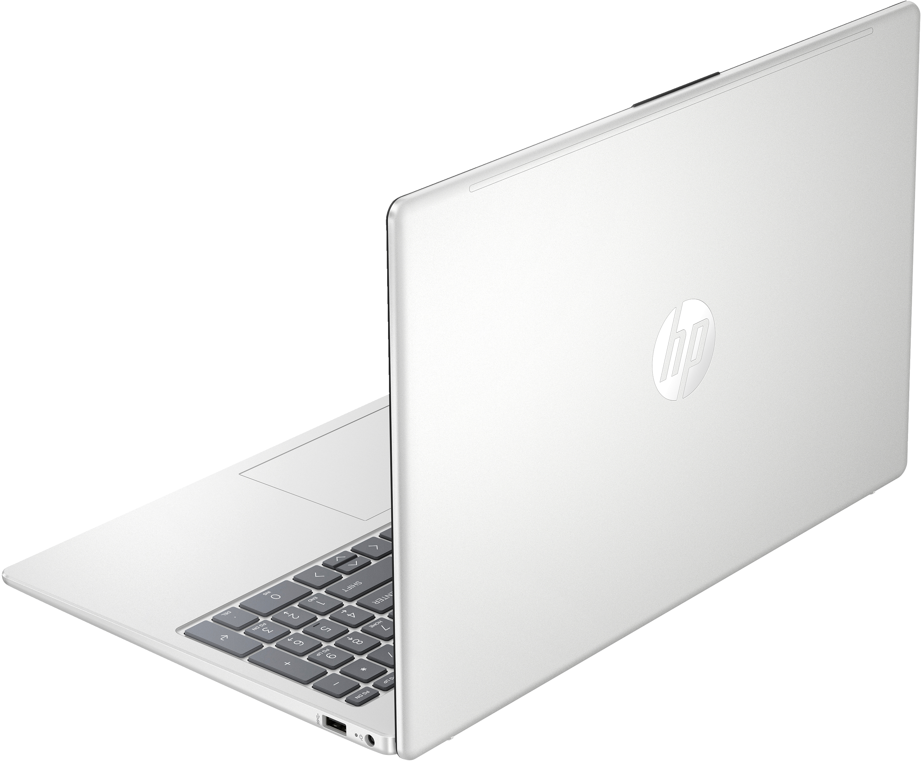 Biały laptop, pod kątem, otwarty, z klawiaturą i srebrnym logo HP z tyłu.