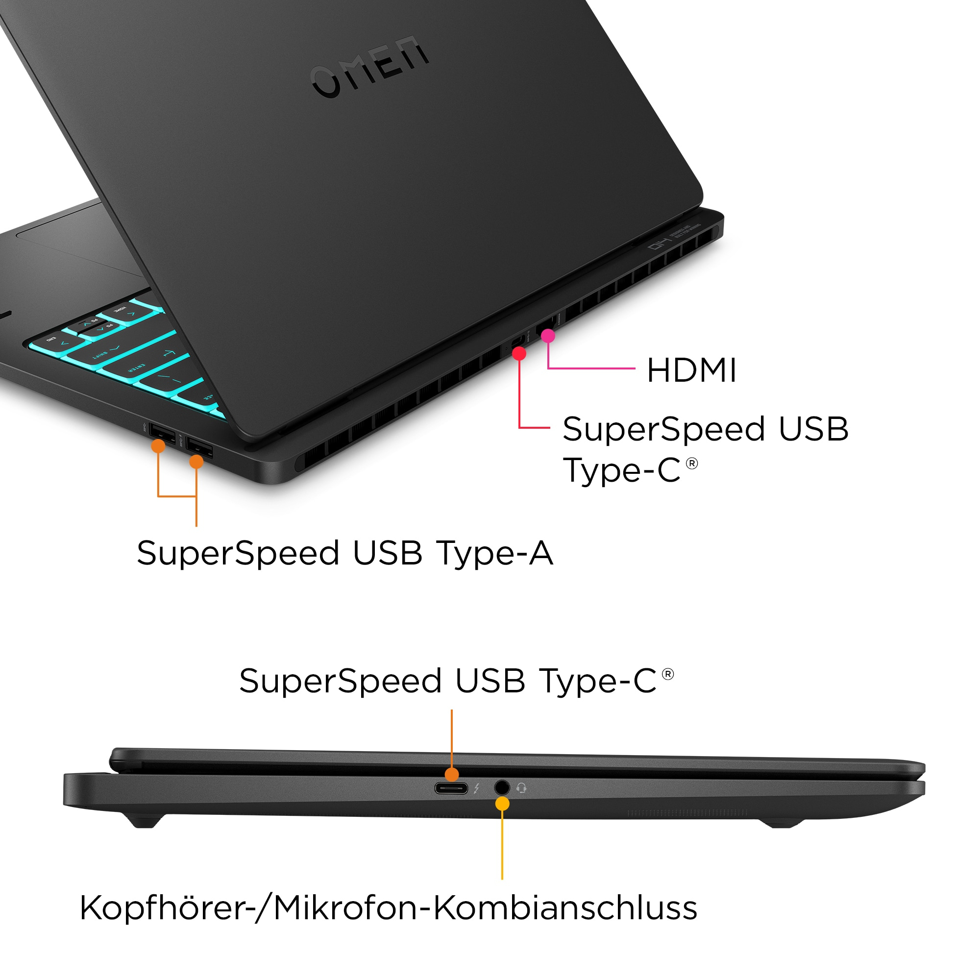 Wyświetlane są porty laptopa, w tym HDMI, USB Type-A i USB Type-C. Widoczne są szczegóły laptopa.
