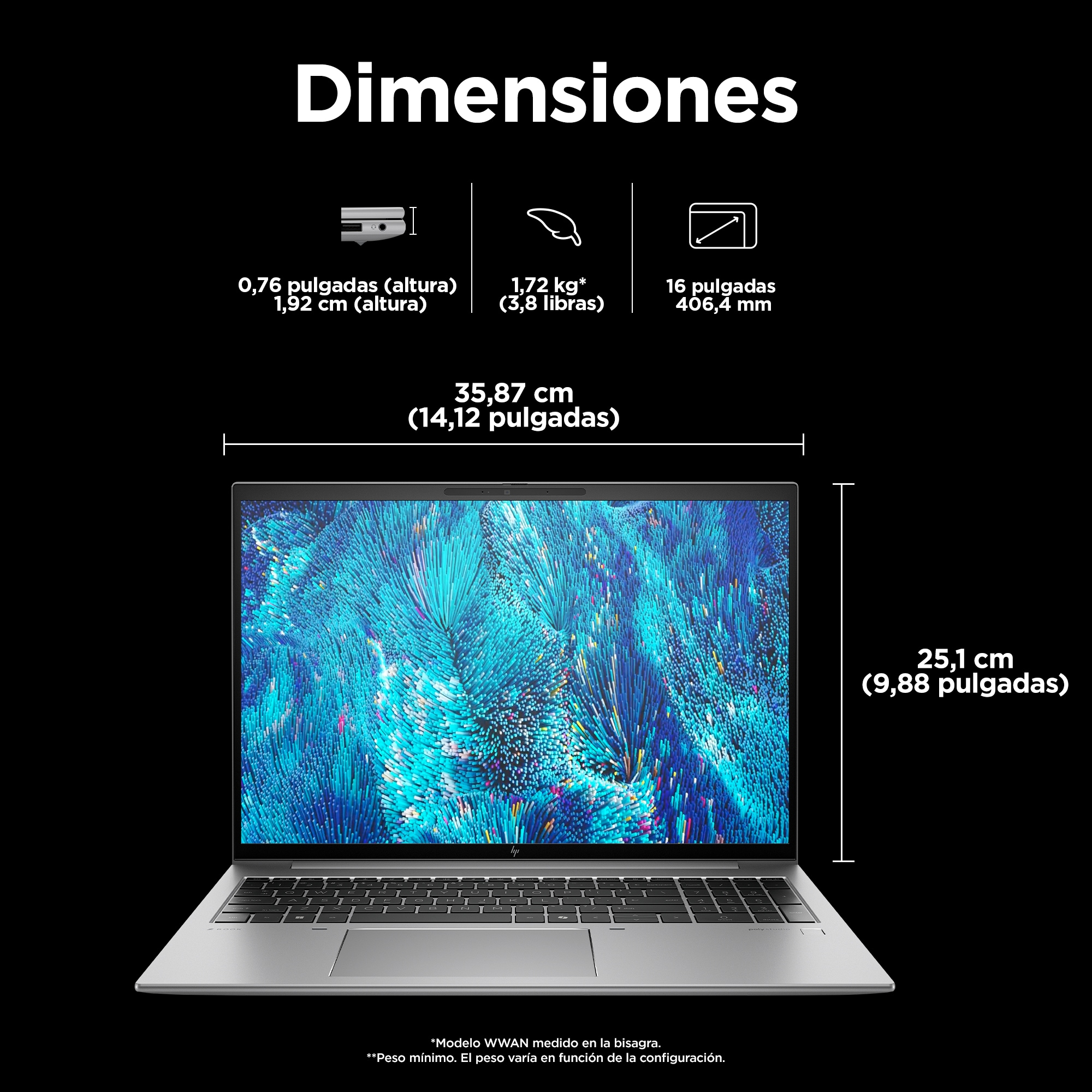Un portátil mostrando dimensiones en cm y pulgadas, fondo negro.