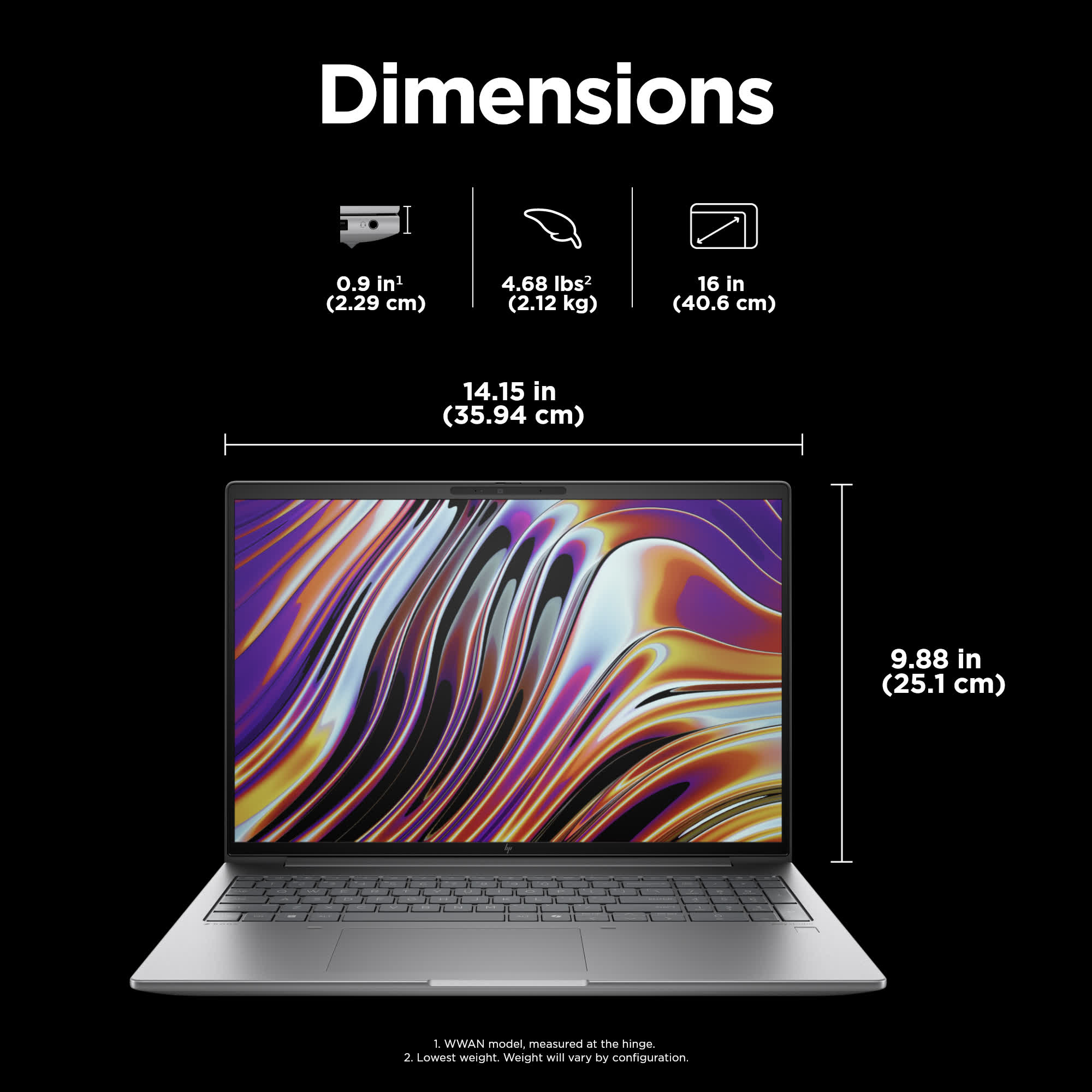 Laptop mit Abmessungen auf dunklem Hintergrund. Zeigt Bildschirm und Tastatur.