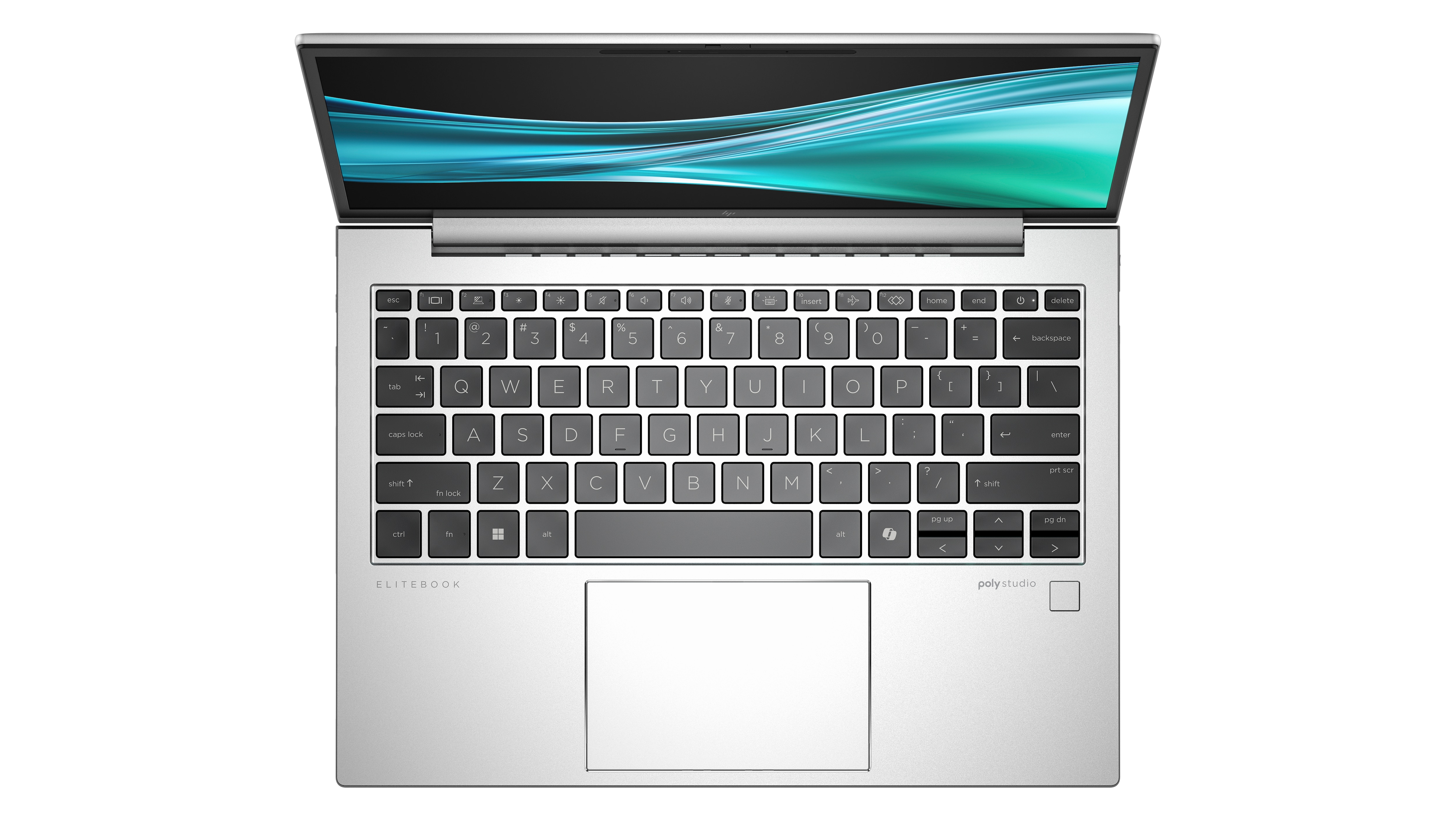 Laptop von oben, geöffnet. Tastatur sichtbar mit Bildschirm, der einen türkis-grünen Farbverlauf zeigt.