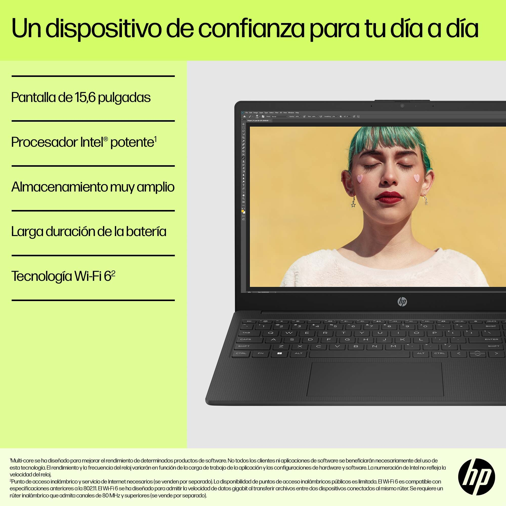 Laptop con texto y mujer con cabello verde. Fondo blanco, texto a la izquierda.