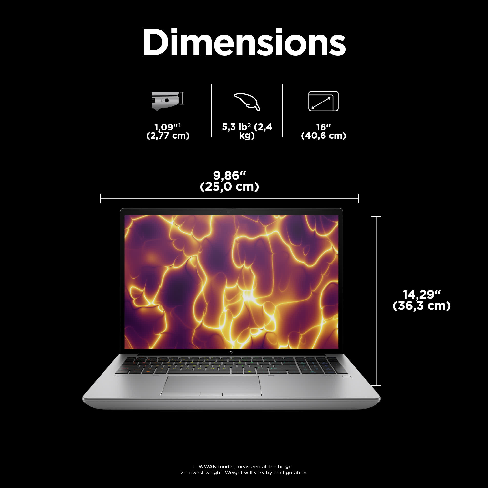 Laptop z wyświetlonymi wymiarami. Jest srebrny z kolorowym ekranem.