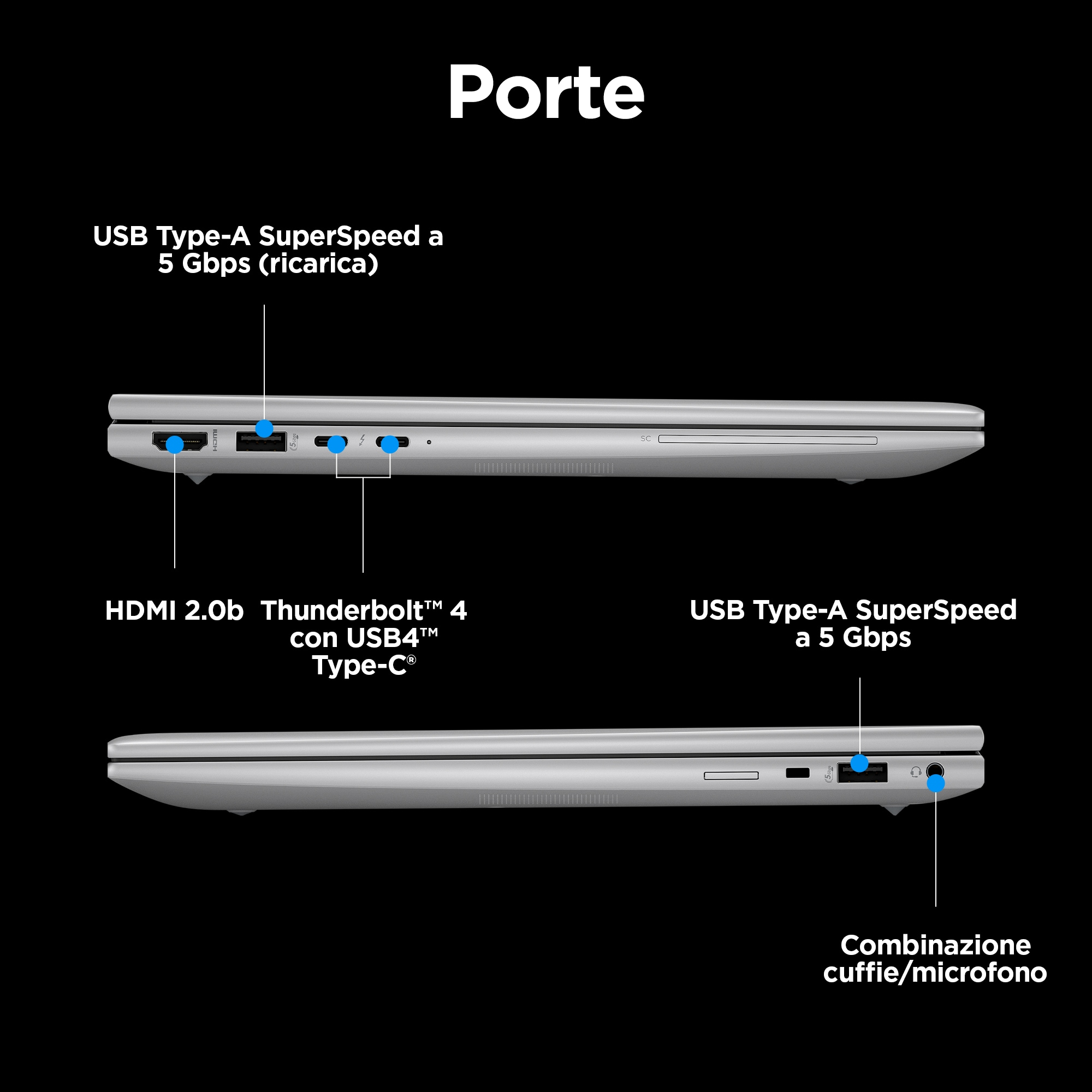 Porte del laptop: HDMI, USB, Thunderbolt e jack per cuffie. Testo in italiano. Sfondo nero.
