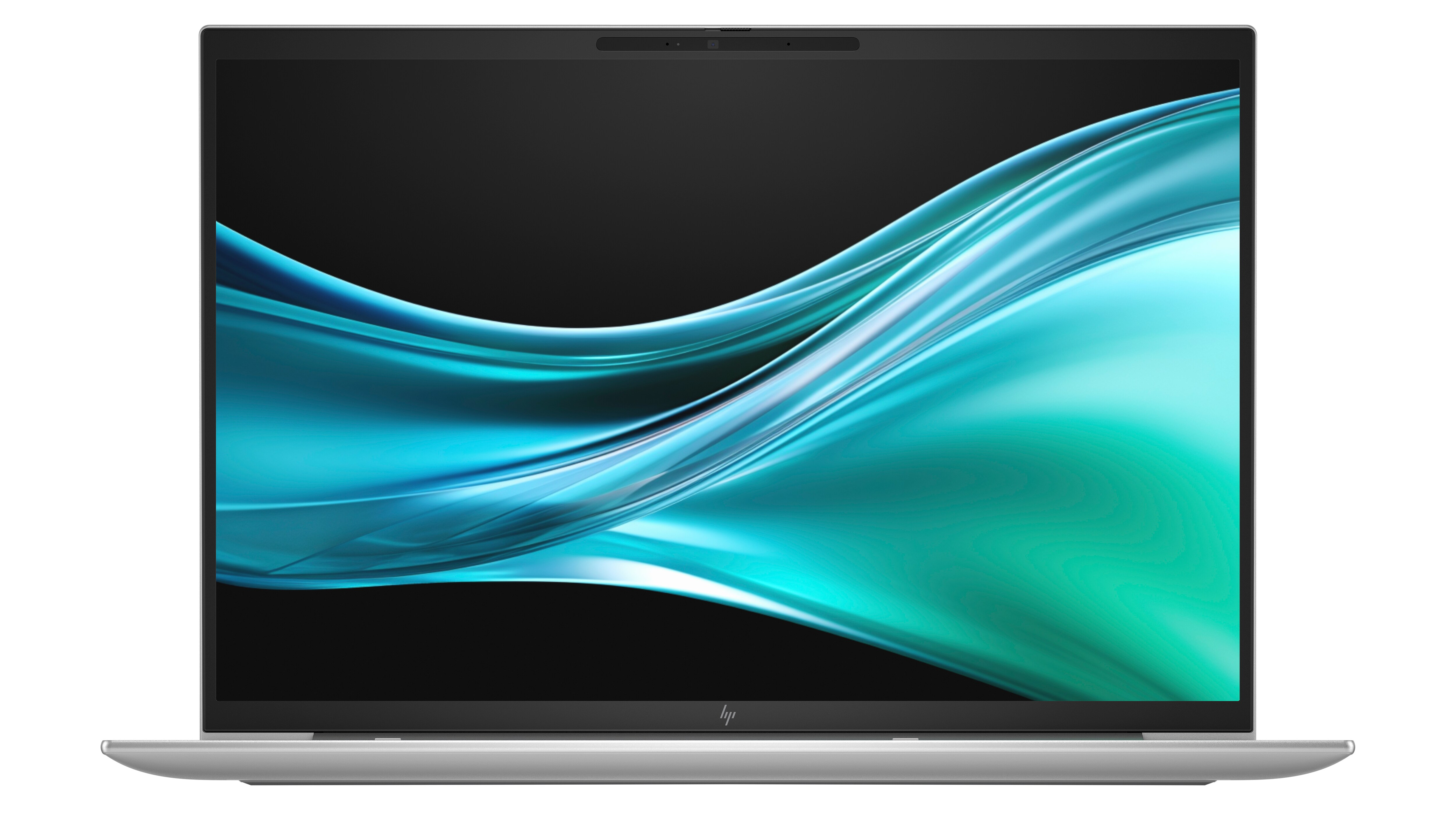 Un laptop argento con schermo nero che mostra un'immagine astratta turchese e verde.