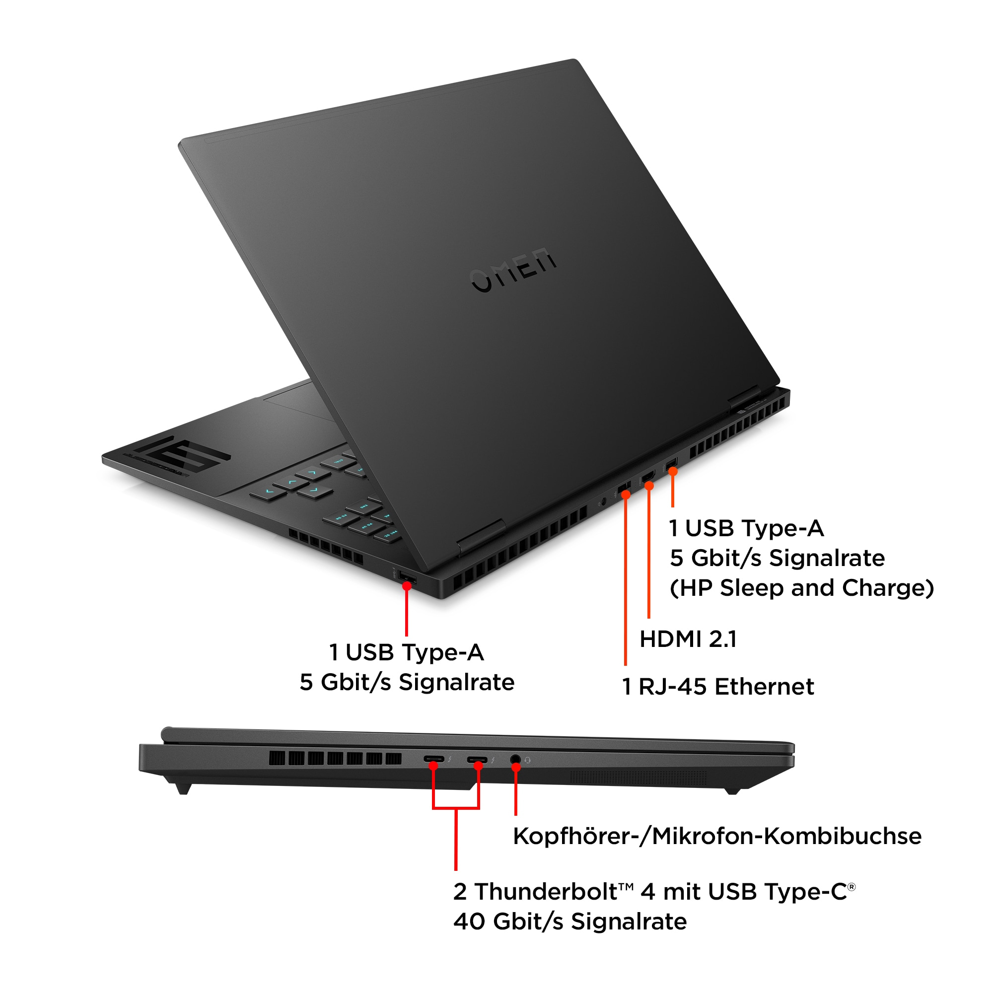 Schwarzer Laptop mit beschrifteten Anschlüssen: USB, HDMI, Ethernet und Thunderbolt.