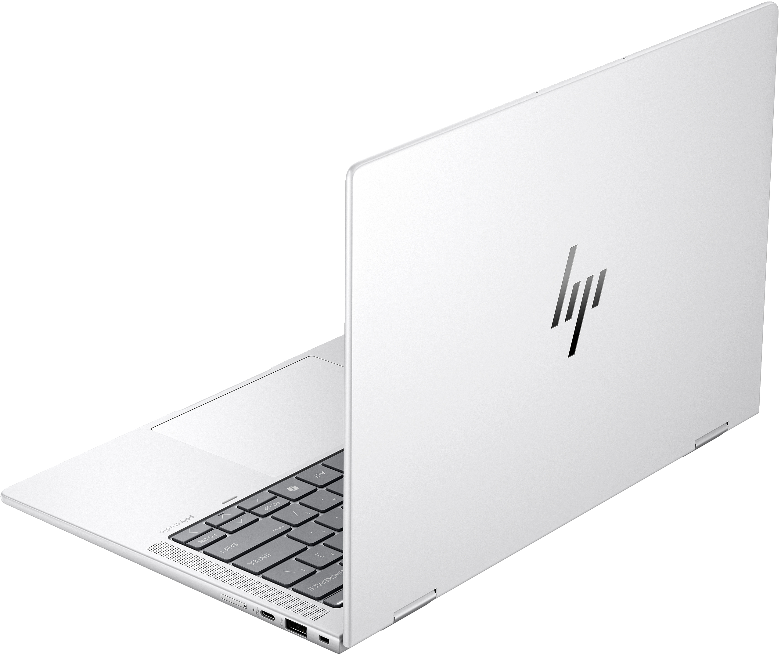 Biały laptop, widok z tyłu, otwarty pod kątem. Logo HP na pokrywie. Widoczna klawiatura.