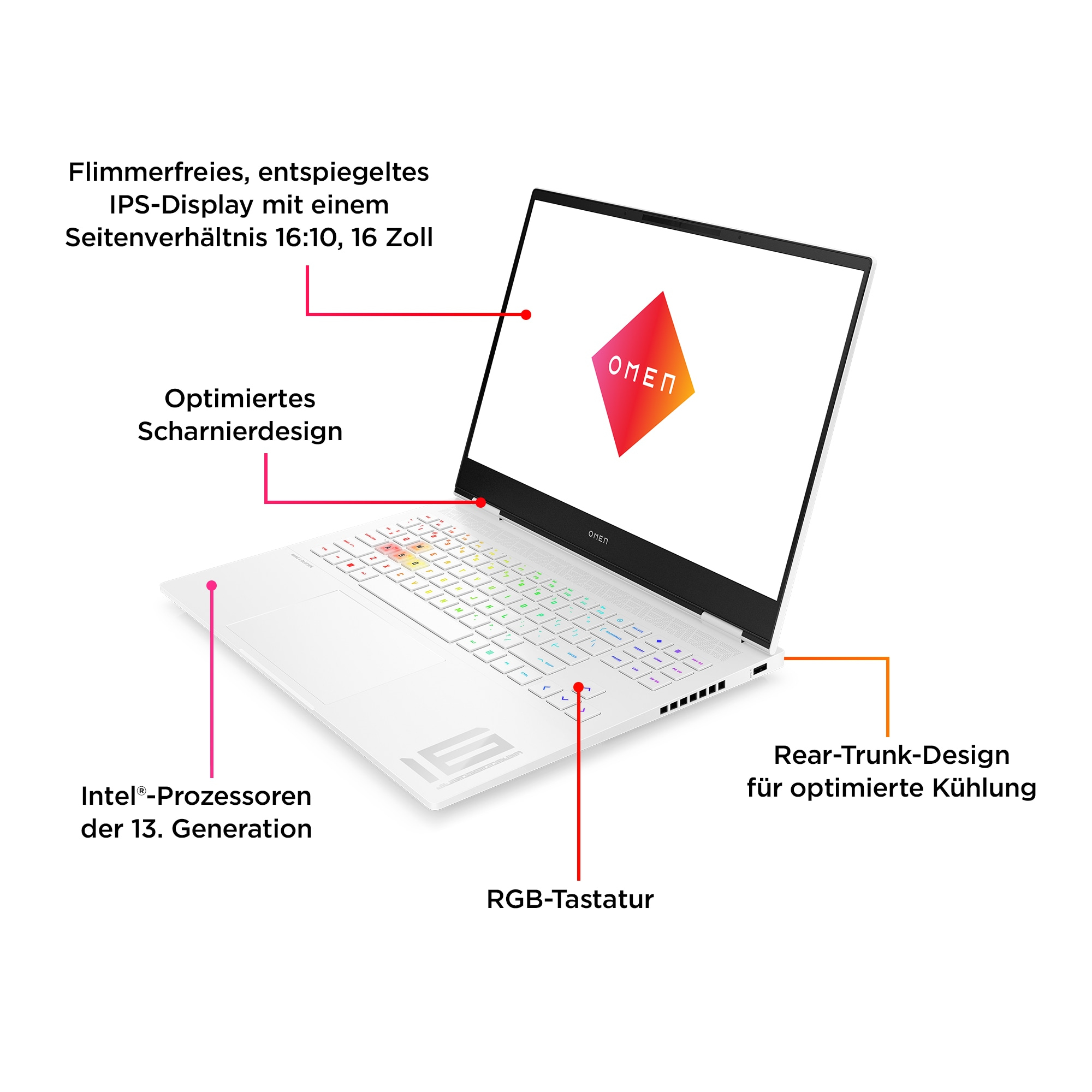 Ein weißer Laptop mit farbiger Tastatur und OMEN-Logo auf dem Bildschirm. Das Design hat ein optimiertes Scharnier.