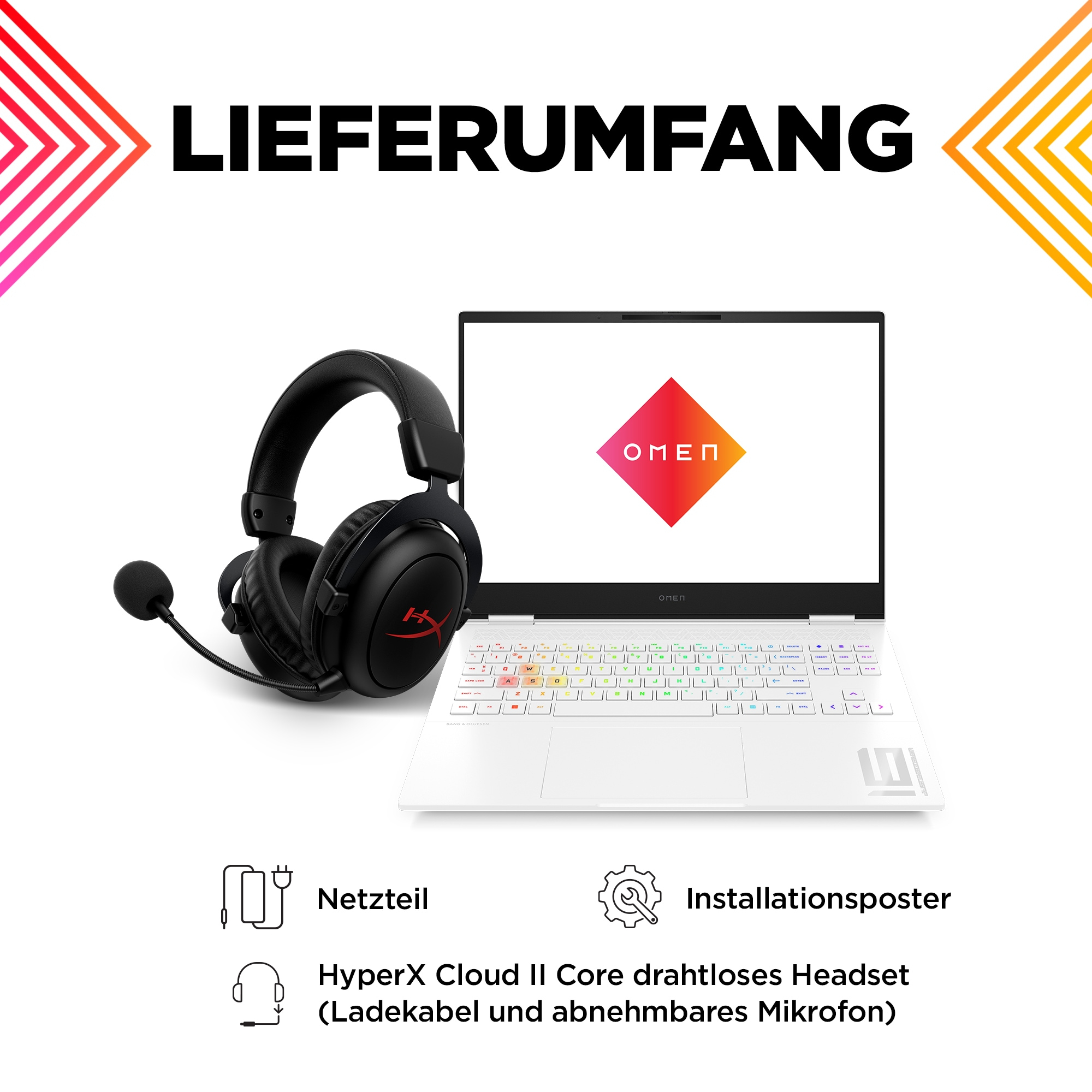 Ein Laptop mit Headset und Netzkabel. Der Laptop-Bildschirm zeigt das OMEN-Logo. Verschiedene Symbole darunter.