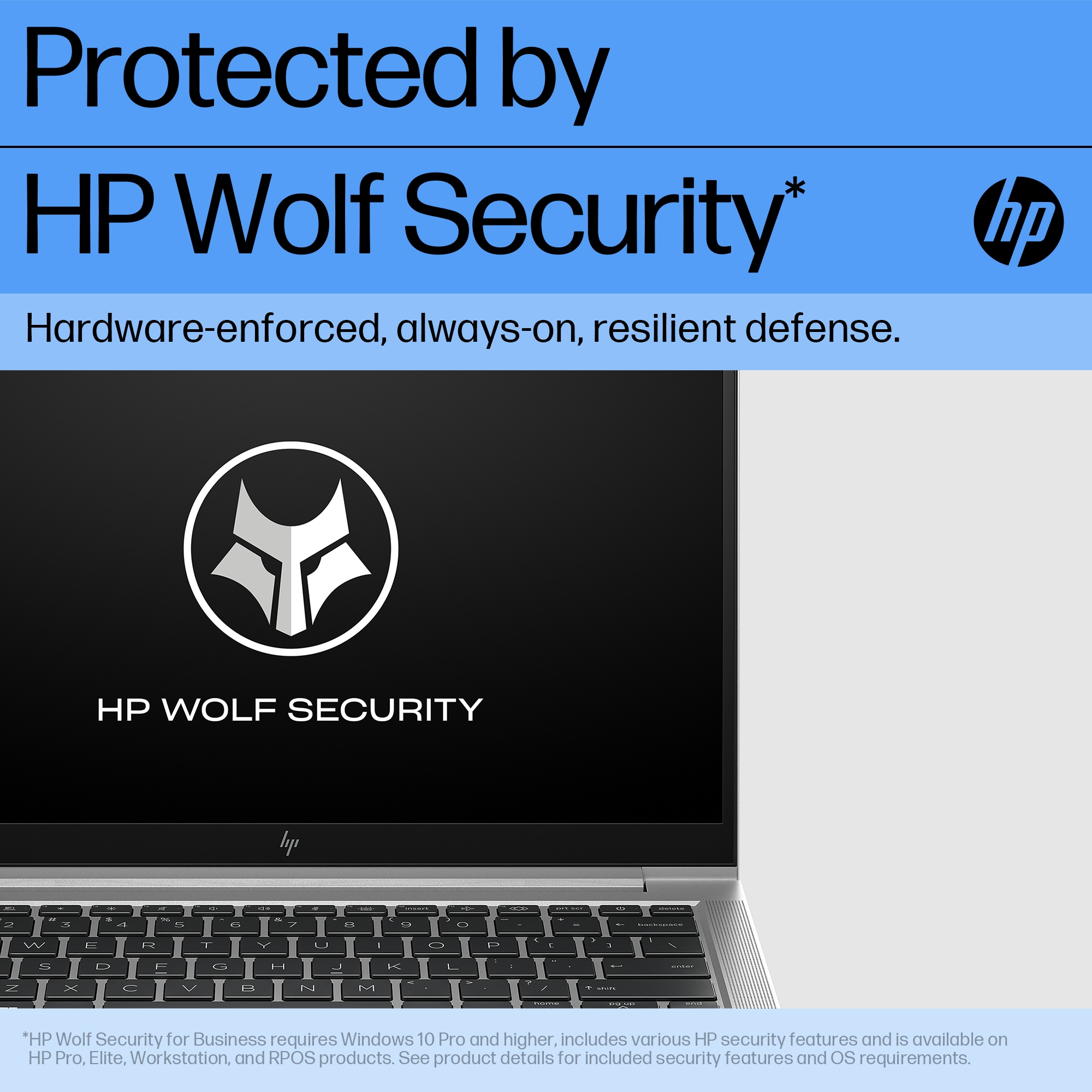 Laptop-Bildschirm, der das HP Wolf Security-Logo anzeigt. Der Laptop steht auf einem Schreibtisch.