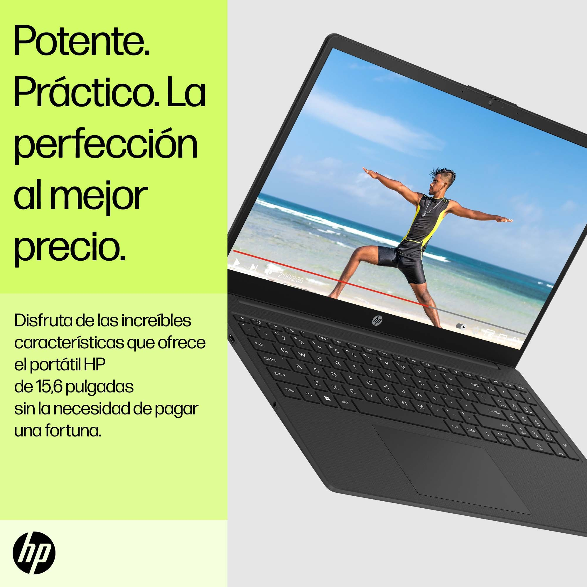Un portátil negro que muestra un vídeo con una persona en el fondo y texto sobre valor y características.